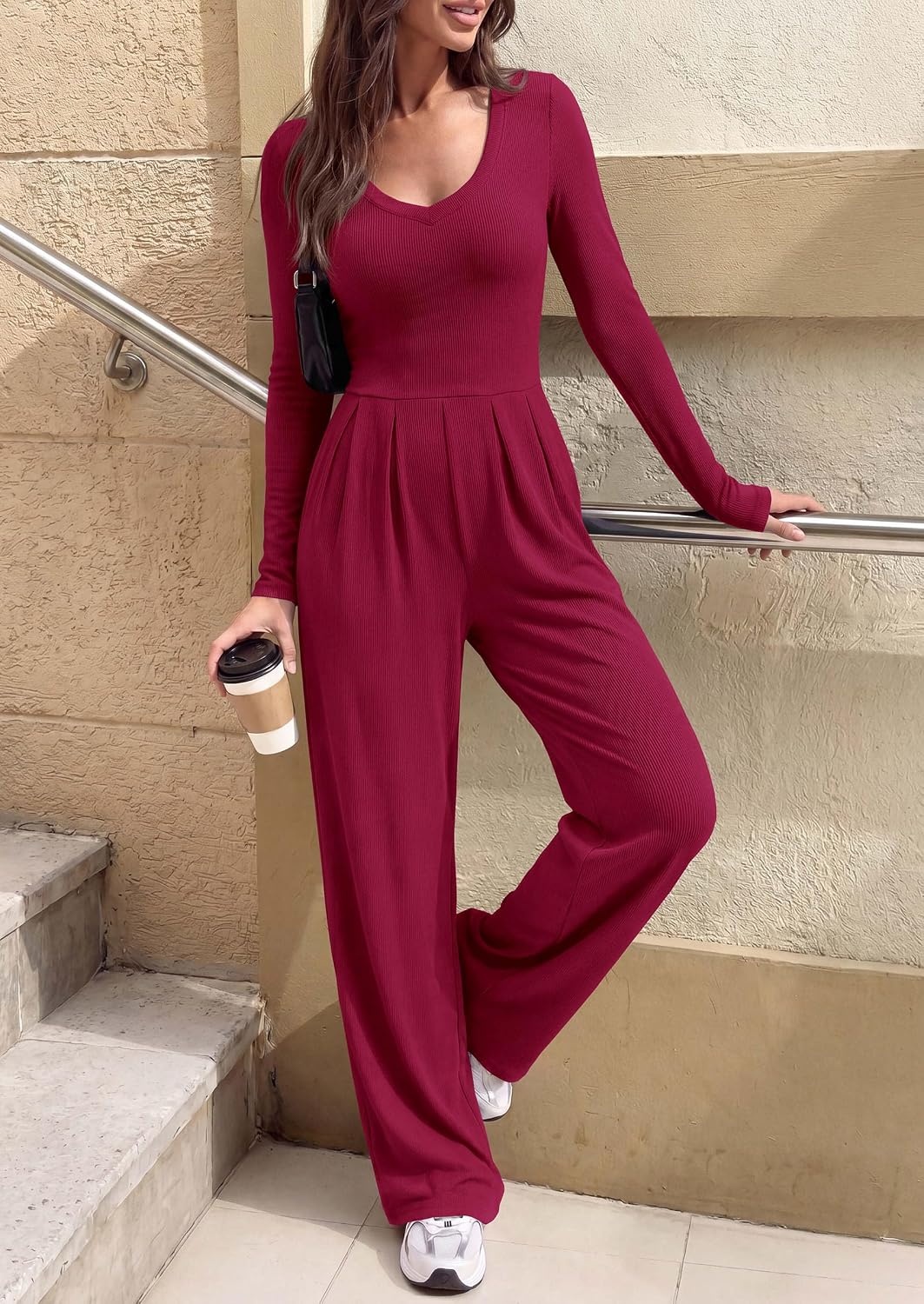 image:imagePRETTYGARDEN Womens Fall One Piece Long Sleeve Jumpsuit Stretchy Ribbed Knit Fashion Deep V Neck Wide Leg Romper with Pockets Work Business Casual Outfits Trendy Winter ClothesWine Red