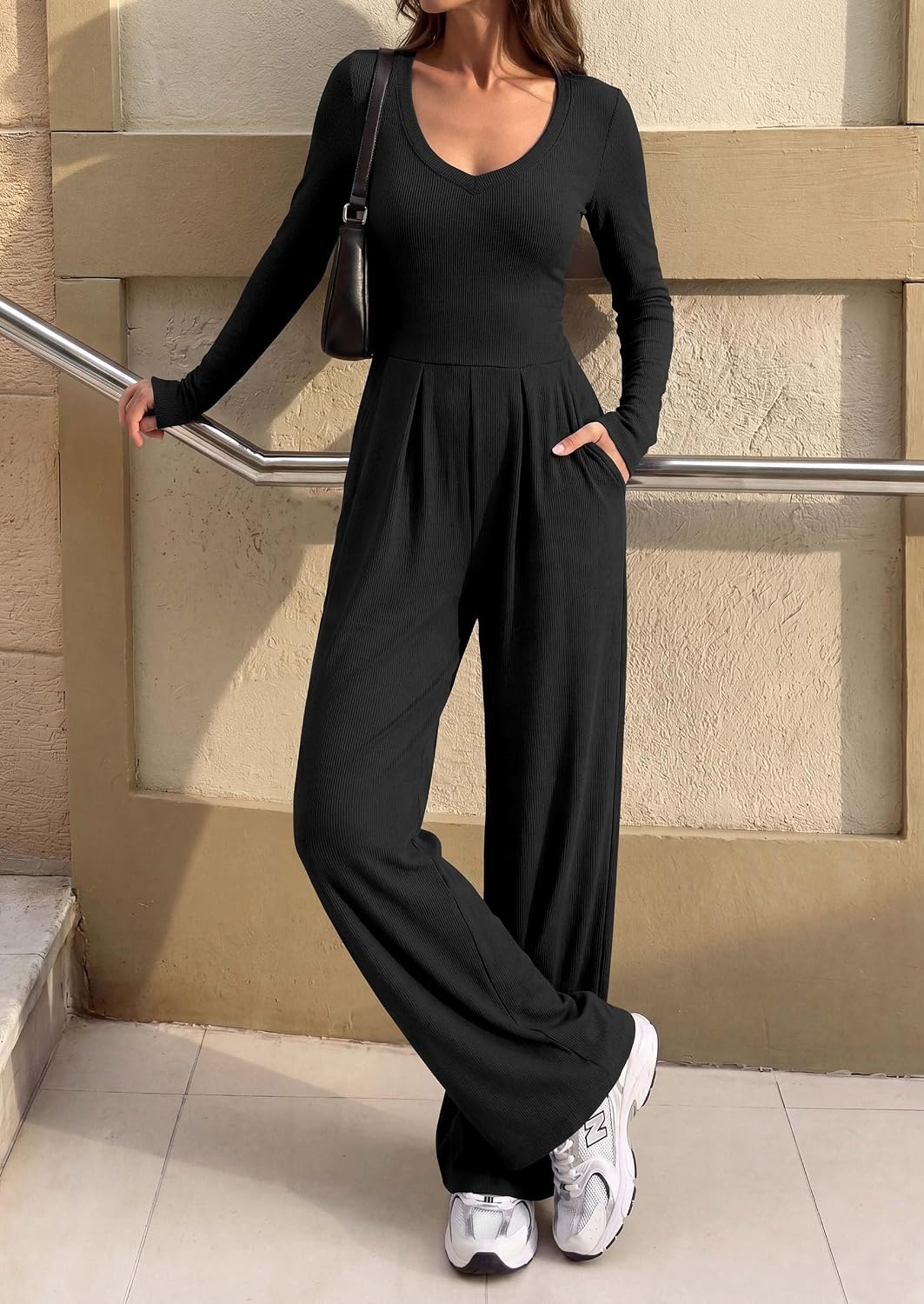 image:imagePRETTYGARDEN Womens Fall One Piece Long Sleeve Jumpsuit Stretchy Ribbed Knit Fashion Deep V Neck Wide Leg Romper with Pockets Work Business Casual Outfits Trendy Winter ClothesBlack