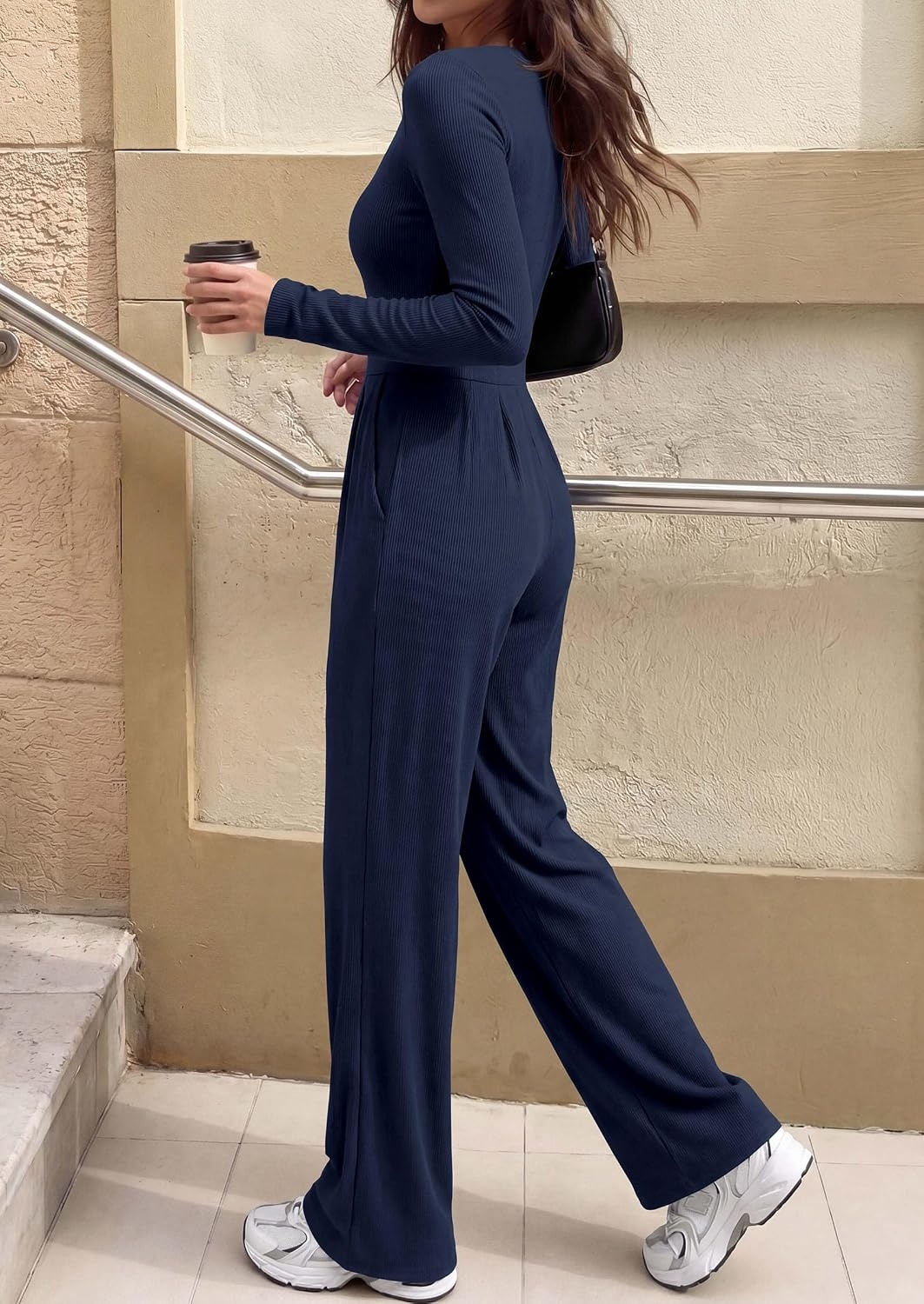 image:imagePRETTYGARDEN Womens Fall One Piece Long Sleeve Jumpsuit Stretchy Ribbed Knit Fashion Deep V Neck Wide Leg Romper with Pockets Work Business Casual Outfits Trendy Winter ClothesNavy Blue