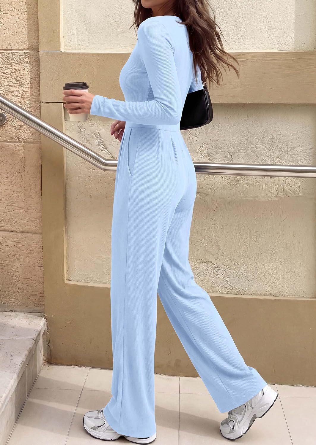 image:imagePRETTYGARDEN Womens Fall One Piece Long Sleeve Jumpsuit Stretchy Ribbed Knit Fashion Deep V Neck Wide Leg Romper with Pockets Work Business Casual Outfits Trendy Winter ClothesLight Blue