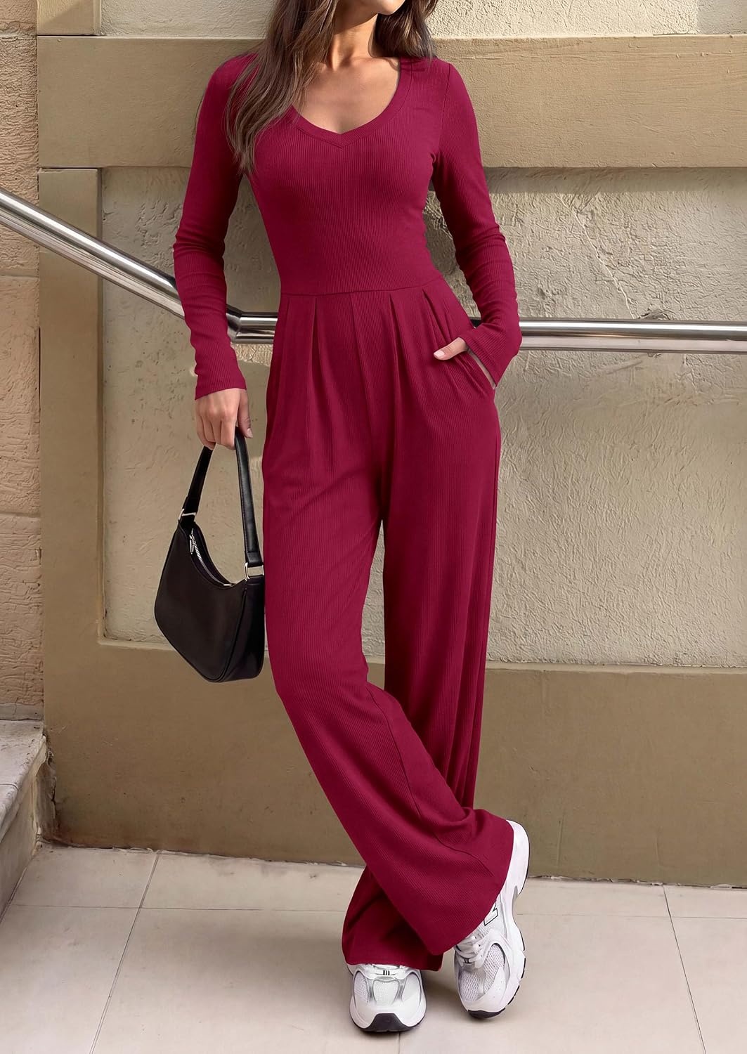 image:imagePRETTYGARDEN Womens Fall One Piece Long Sleeve Jumpsuit Stretchy Ribbed Knit Fashion Deep V Neck Wide Leg Romper with Pockets Work Business Casual Outfits Trendy Winter ClothesWine Red