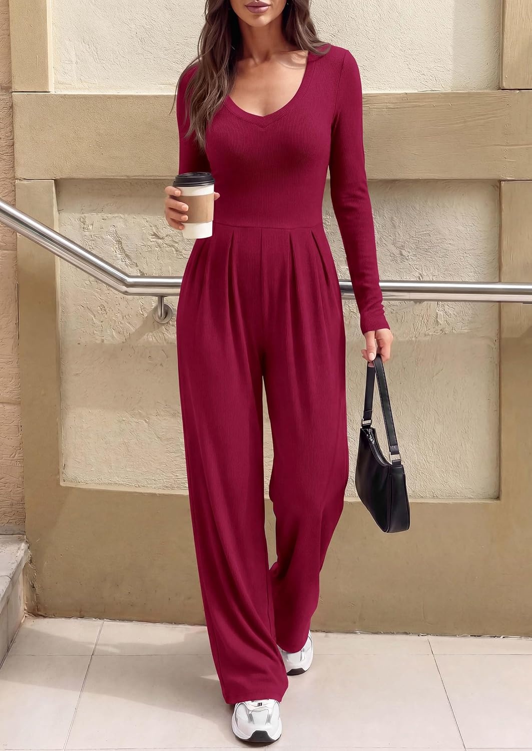 image:imagePRETTYGARDEN Womens Fall One Piece Long Sleeve Jumpsuit Stretchy Ribbed Knit Fashion Deep V Neck Wide Leg Romper with Pockets Work Business Casual Outfits Trendy Winter ClothesWine Red