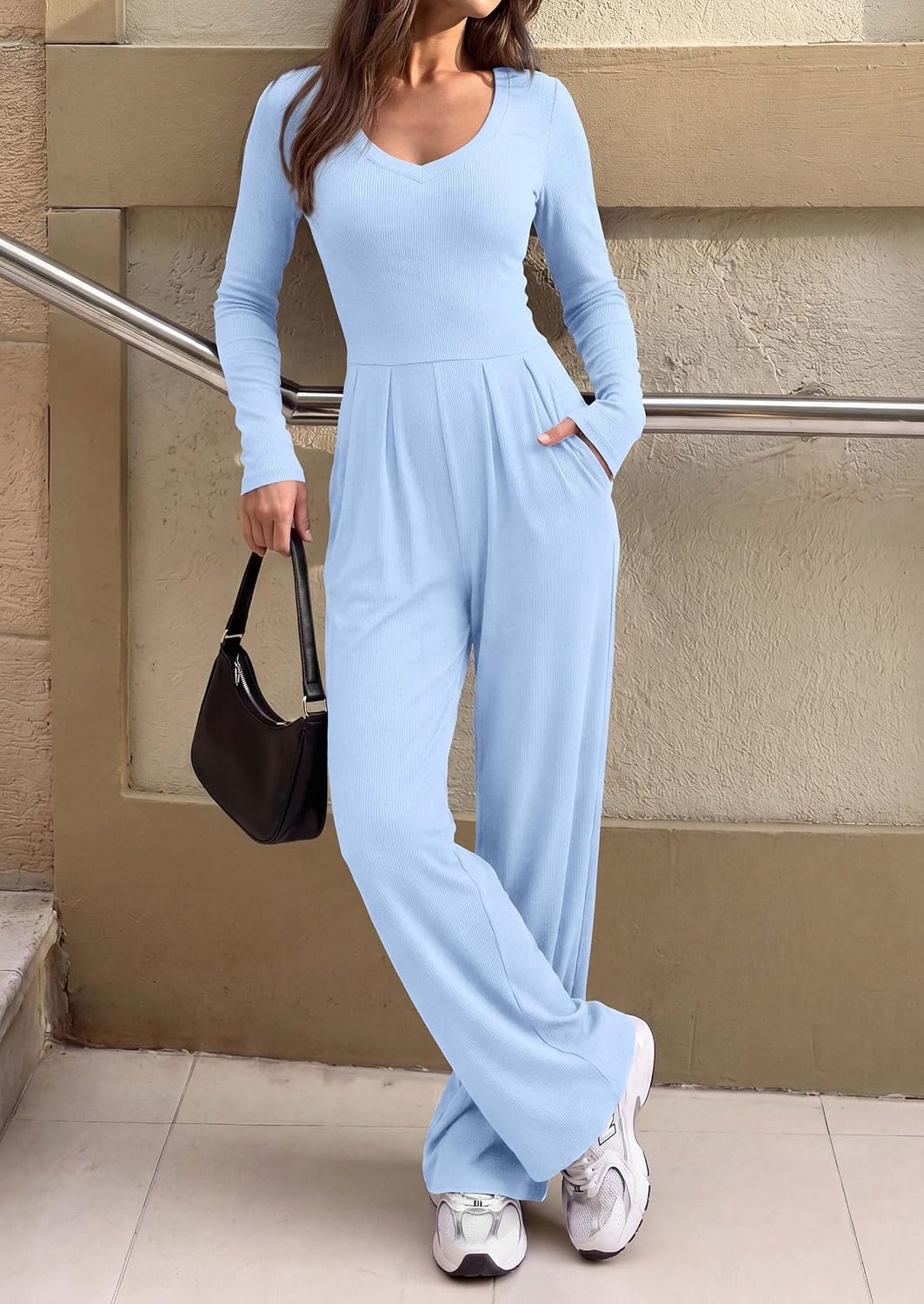 image:imagePRETTYGARDEN Womens Fall One Piece Long Sleeve Jumpsuit Stretchy Ribbed Knit Fashion Deep V Neck Wide Leg Romper with Pockets Work Business Casual Outfits Trendy Winter ClothesLight Blue