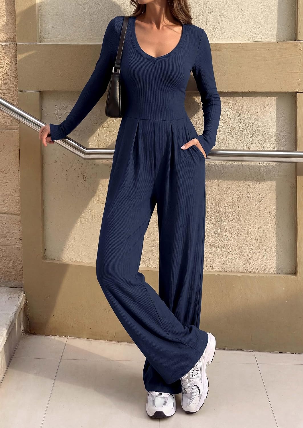 image:imagePRETTYGARDEN Womens Fall One Piece Long Sleeve Jumpsuit Stretchy Ribbed Knit Fashion Deep V Neck Wide Leg Romper with Pockets Work Business Casual Outfits Trendy Winter ClothesNavy Blue