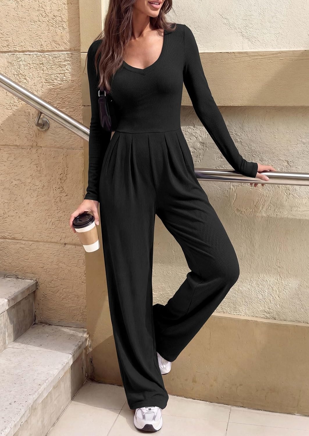 image:imagePRETTYGARDEN Womens Fall One Piece Long Sleeve Jumpsuit Stretchy Ribbed Knit Fashion Deep V Neck Wide Leg Romper with Pockets Work Business Casual Outfits Trendy Winter ClothesBlack