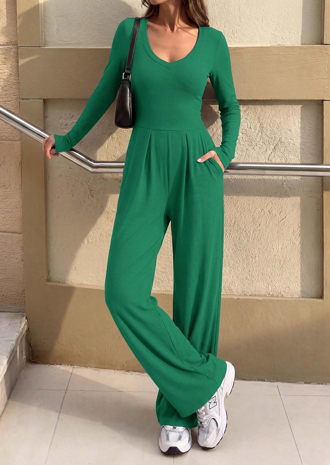 image:imagePRETTYGARDEN Womens Fall One Piece Long Sleeve Jumpsuit Stretchy Ribbed Knit Fashion Deep V Neck Wide Leg Romper with Pockets Work Business Casual Outfits Trendy Winter ClothesGreen