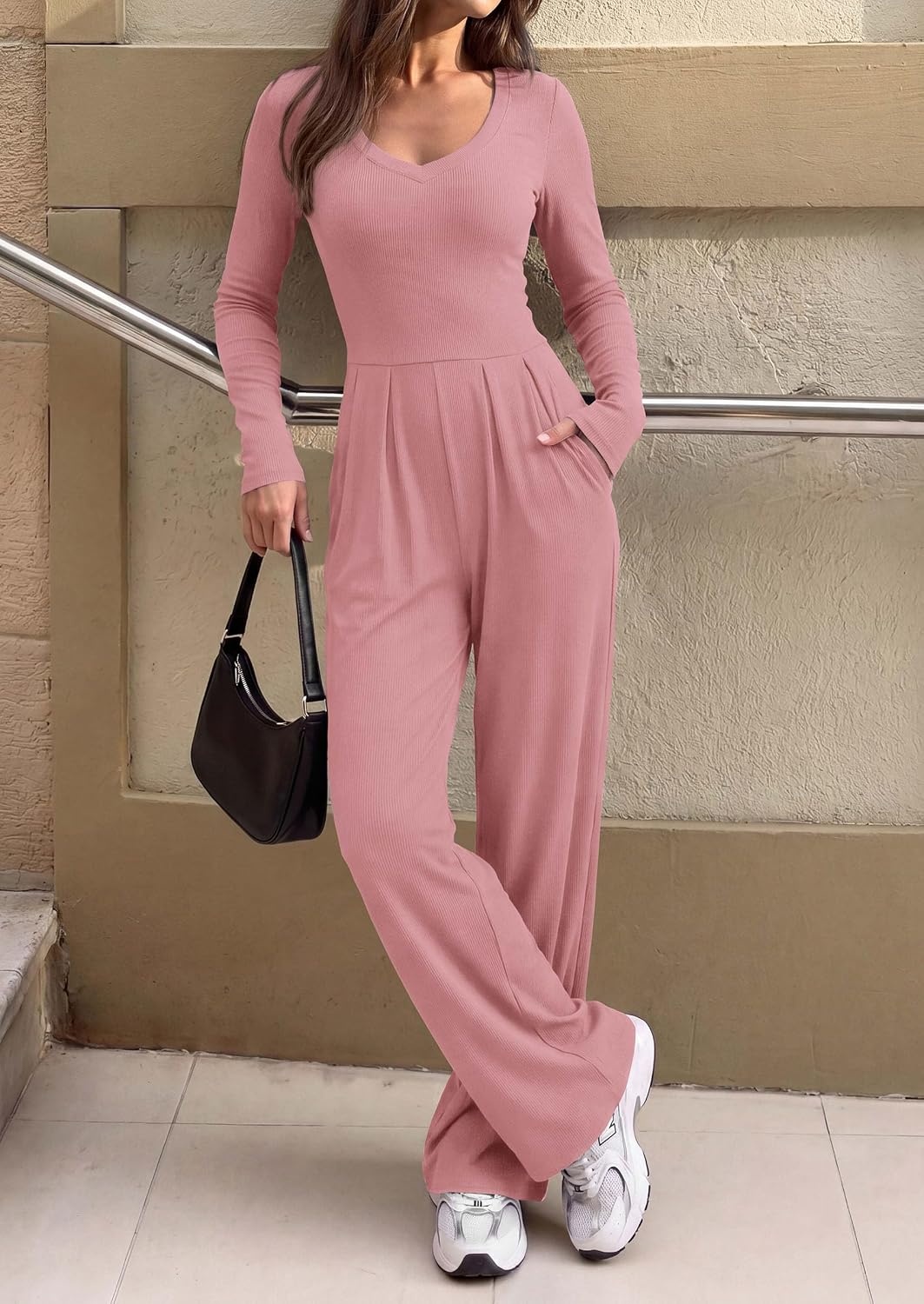 image:imagePRETTYGARDEN Womens Fall One Piece Long Sleeve Jumpsuit Stretchy Ribbed Knit Fashion Deep V Neck Wide Leg Romper with Pockets Work Business Casual Outfits Trendy Winter ClothesDusty Pink