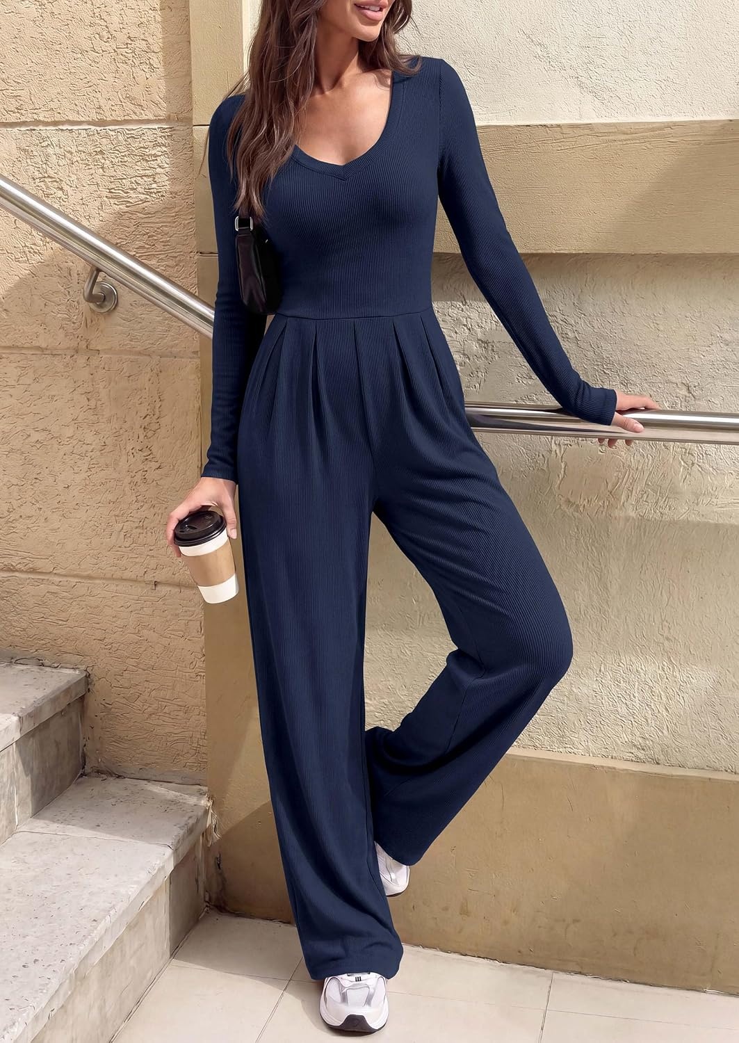 image:imagePRETTYGARDEN Womens Fall One Piece Long Sleeve Jumpsuit Stretchy Ribbed Knit Fashion Deep V Neck Wide Leg Romper with Pockets Work Business Casual Outfits Trendy Winter ClothesNavy Blue