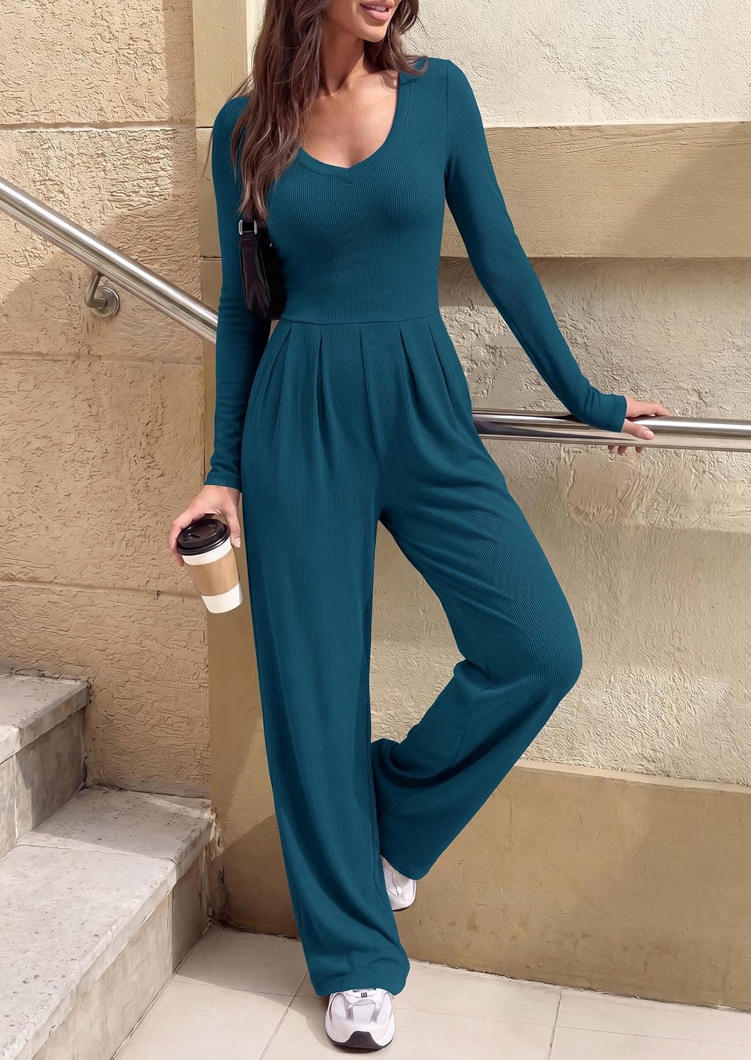 image:imagePRETTYGARDEN Womens Fall One Piece Long Sleeve Jumpsuit Stretchy Ribbed Knit Fashion Deep V Neck Wide Leg Romper with Pockets Work Business Casual Outfits Trendy Winter ClothesLake Blue