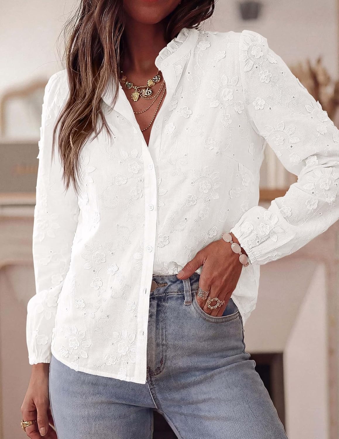 image:imagePRETTYGARDEN Womens Floral Embroidered Button Down Shirts Ladies Dressy Fall Blouses Long Sleeves Ruffle Neck Elegant Boho Eyelet Tops for Work Business amp Spring Casual OutingsWhite