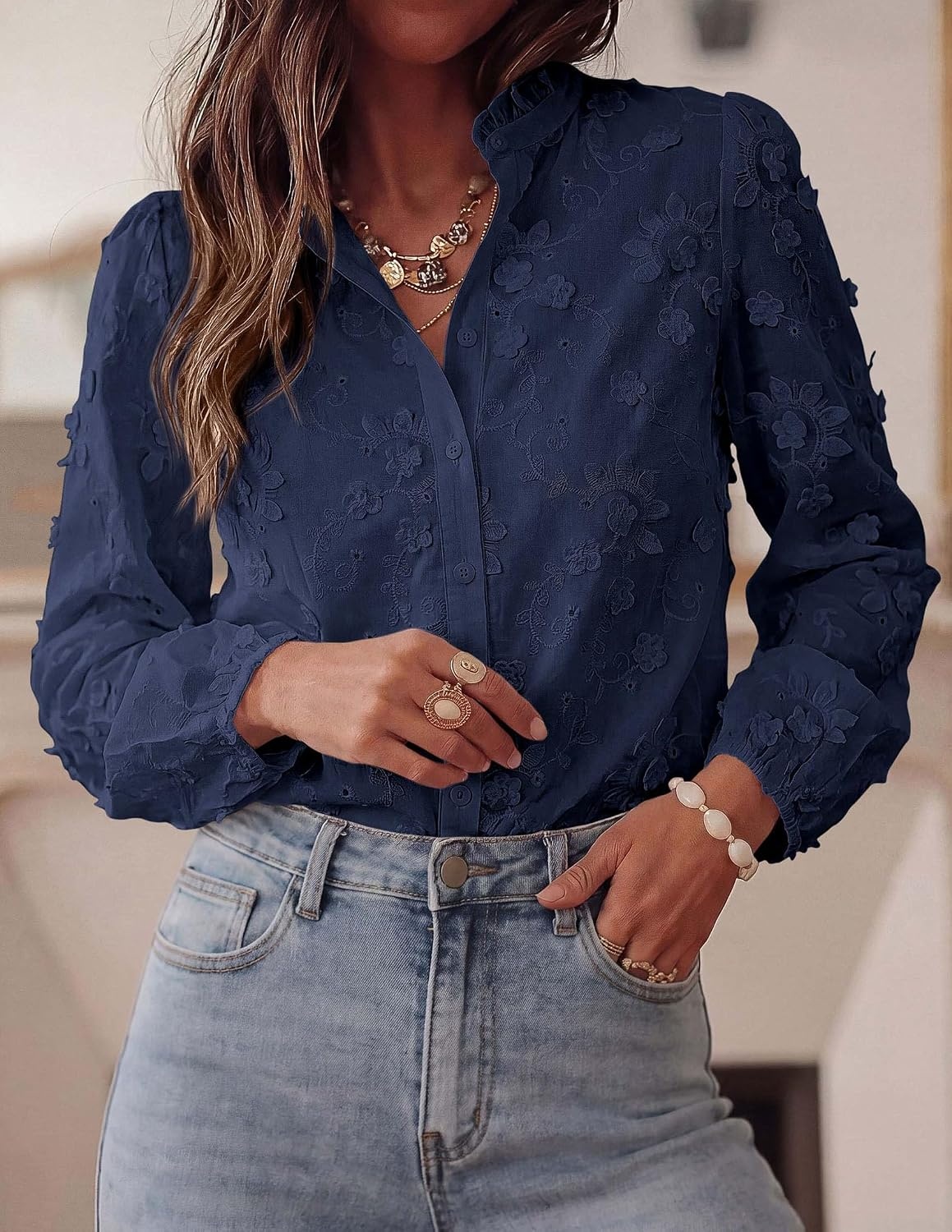 image:imagePRETTYGARDEN Womens Floral Embroidered Button Down Shirts Ladies Dressy Fall Blouses Long Sleeves Ruffle Neck Elegant Boho Eyelet Tops for Work Business amp Spring Casual OutingsNavy Blue