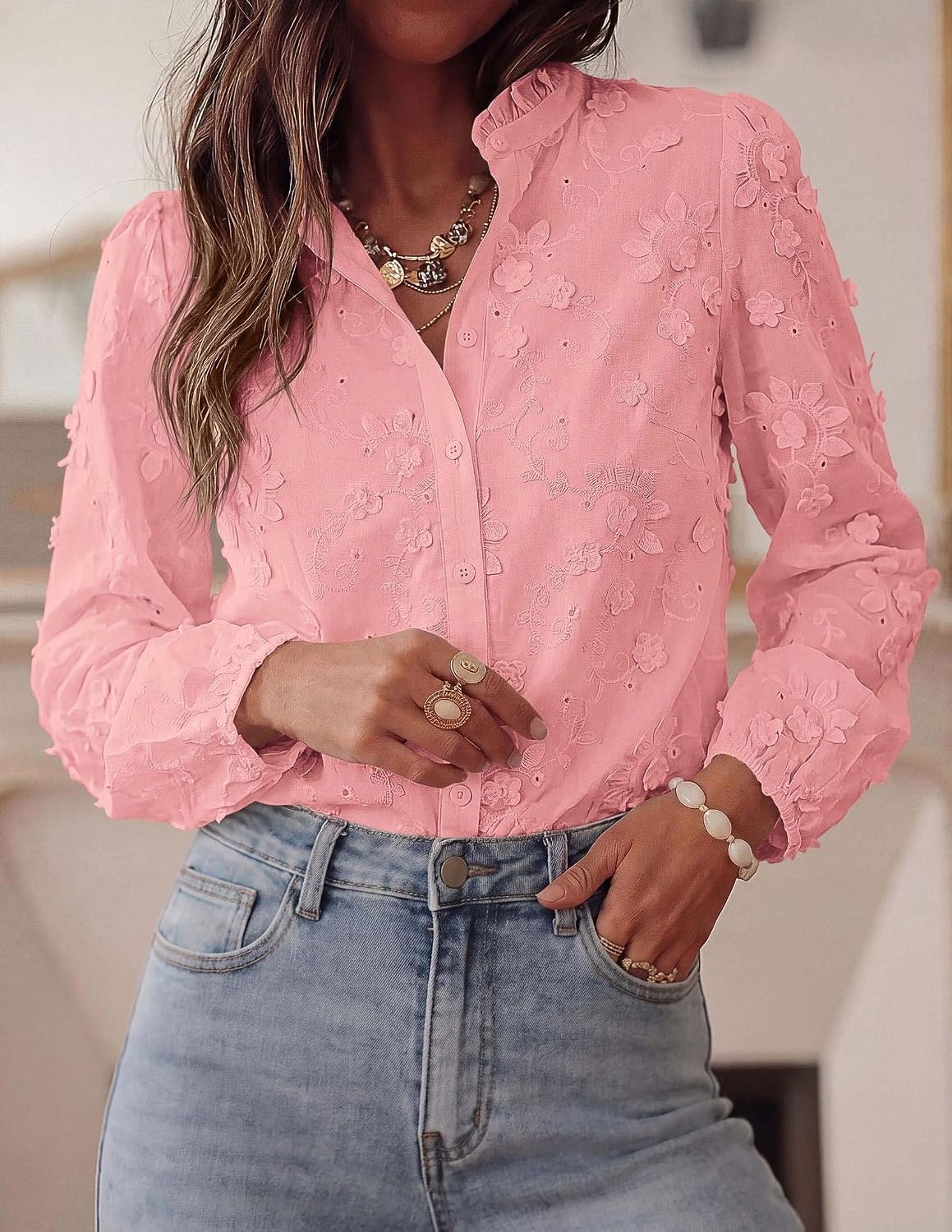 image:imagePRETTYGARDEN Womens Floral Embroidered Button Down Shirts Ladies Dressy Fall Blouses Long Sleeves Ruffle Neck Elegant Boho Eyelet Tops for Work Business amp Spring Casual OutingsPink