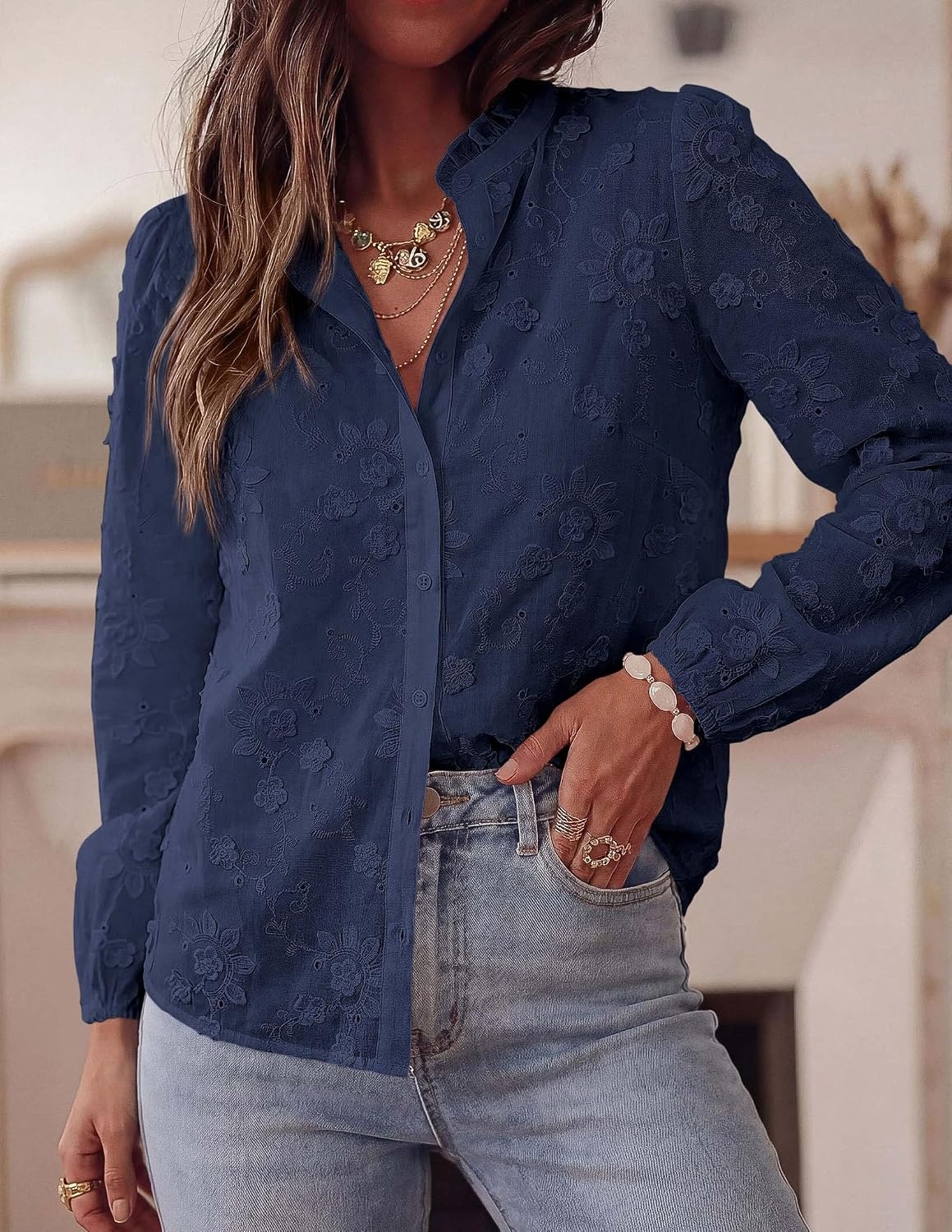 image:imagePRETTYGARDEN Womens Floral Embroidered Button Down Shirts Ladies Dressy Fall Blouses Long Sleeves Ruffle Neck Elegant Boho Eyelet Tops for Work Business amp Spring Casual OutingsNavy Blue