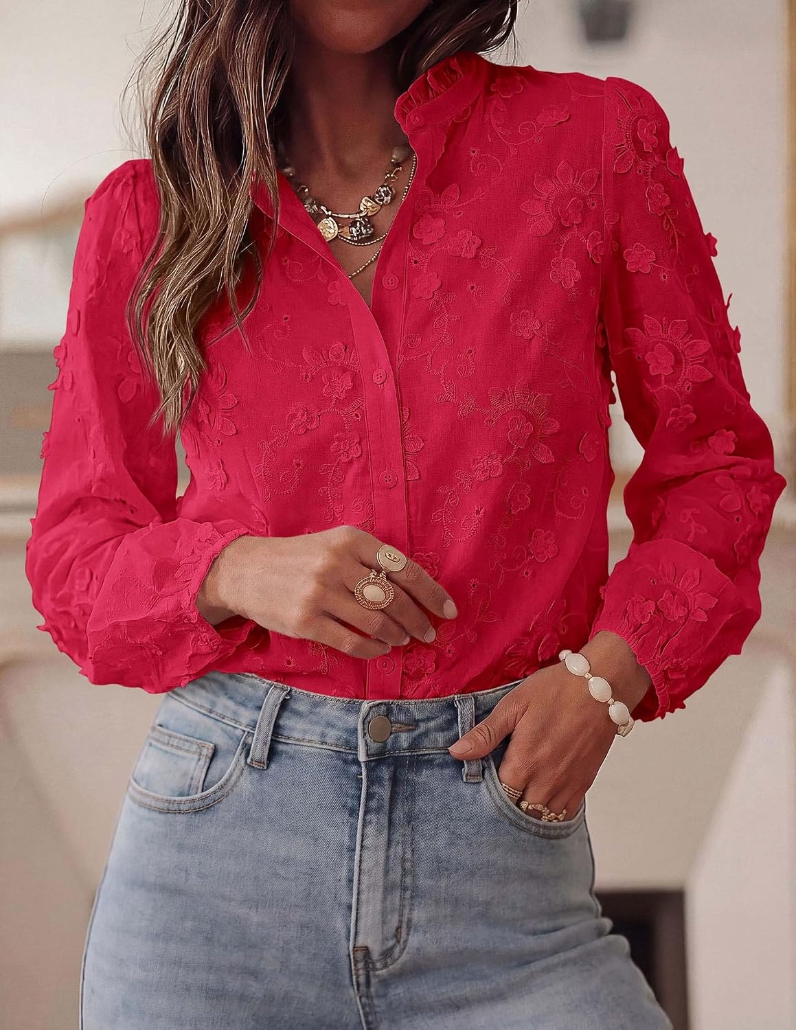image:imagePRETTYGARDEN Womens Floral Embroidered Button Down Shirts Ladies Dressy Fall Blouses Long Sleeves Ruffle Neck Elegant Boho Eyelet Tops for Work Business amp Spring Casual OutingsRed