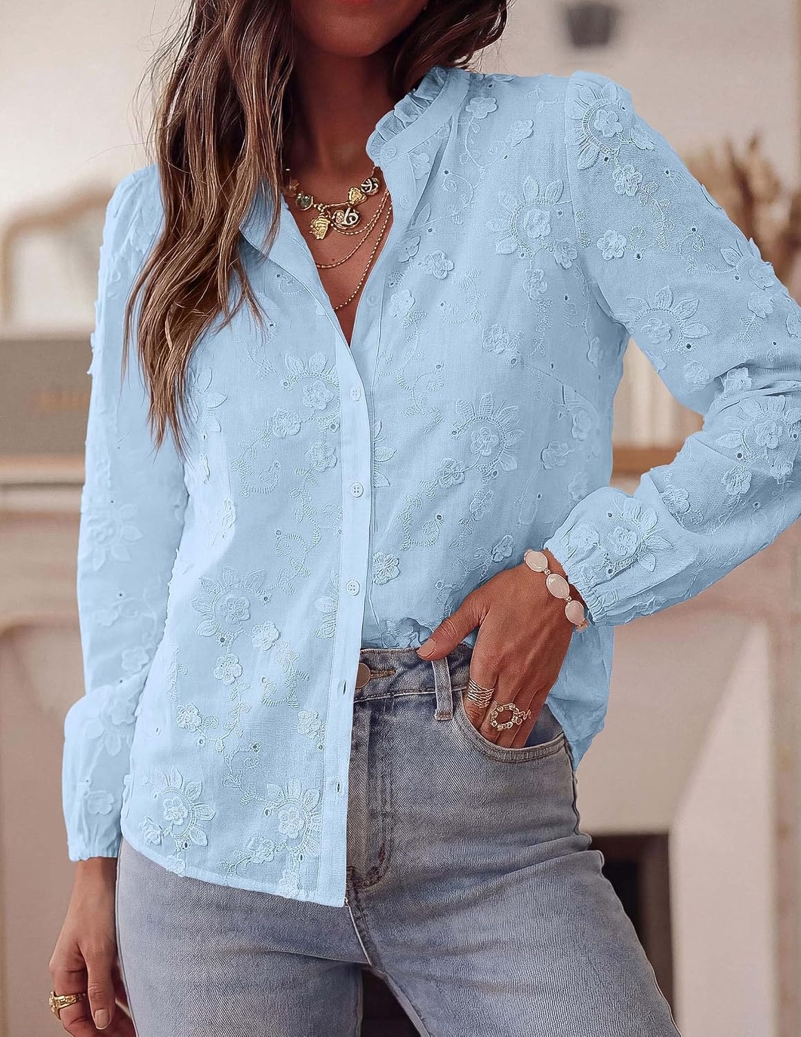 image:imagePRETTYGARDEN Womens Floral Embroidered Button Down Shirts Ladies Dressy Fall Blouses Long Sleeves Ruffle Neck Elegant Boho Eyelet Tops for Work Business amp Spring Casual OutingsLight Blue