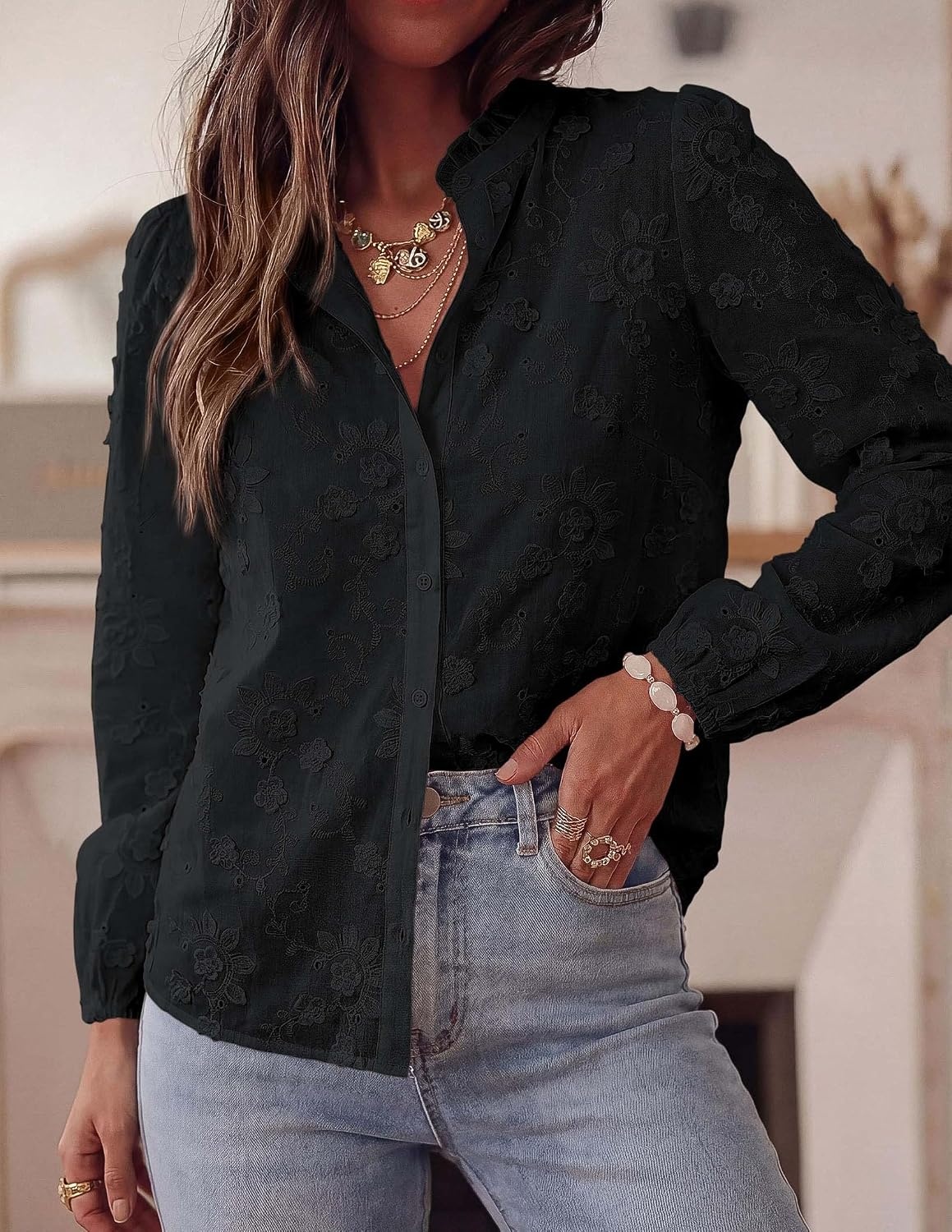 image:imagePRETTYGARDEN Womens Floral Embroidered Button Down Shirts Ladies Dressy Fall Blouses Long Sleeves Ruffle Neck Elegant Boho Eyelet Tops for Work Business amp Spring Casual OutingsBlack