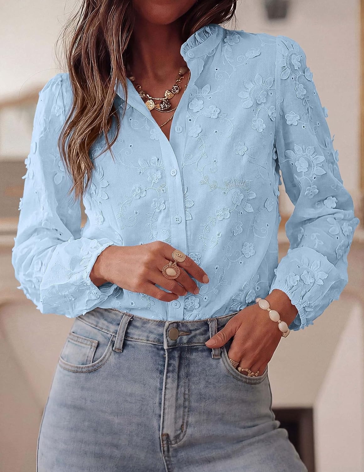 image:imagePRETTYGARDEN Womens Floral Embroidered Button Down Shirts Ladies Dressy Fall Blouses Long Sleeves Ruffle Neck Elegant Boho Eyelet Tops for Work Business amp Spring Casual OutingsLight Blue