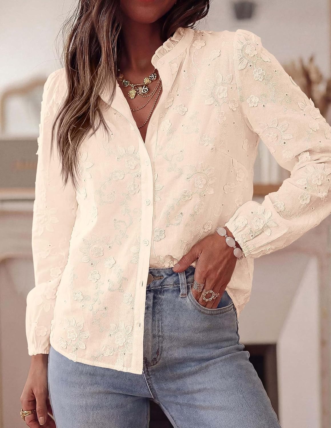 image:imagePRETTYGARDEN Womens Floral Embroidered Button Down Shirts Ladies Dressy Fall Blouses Long Sleeves Ruffle Neck Elegant Boho Eyelet Tops for Work Business amp Spring Casual OutingsBeige