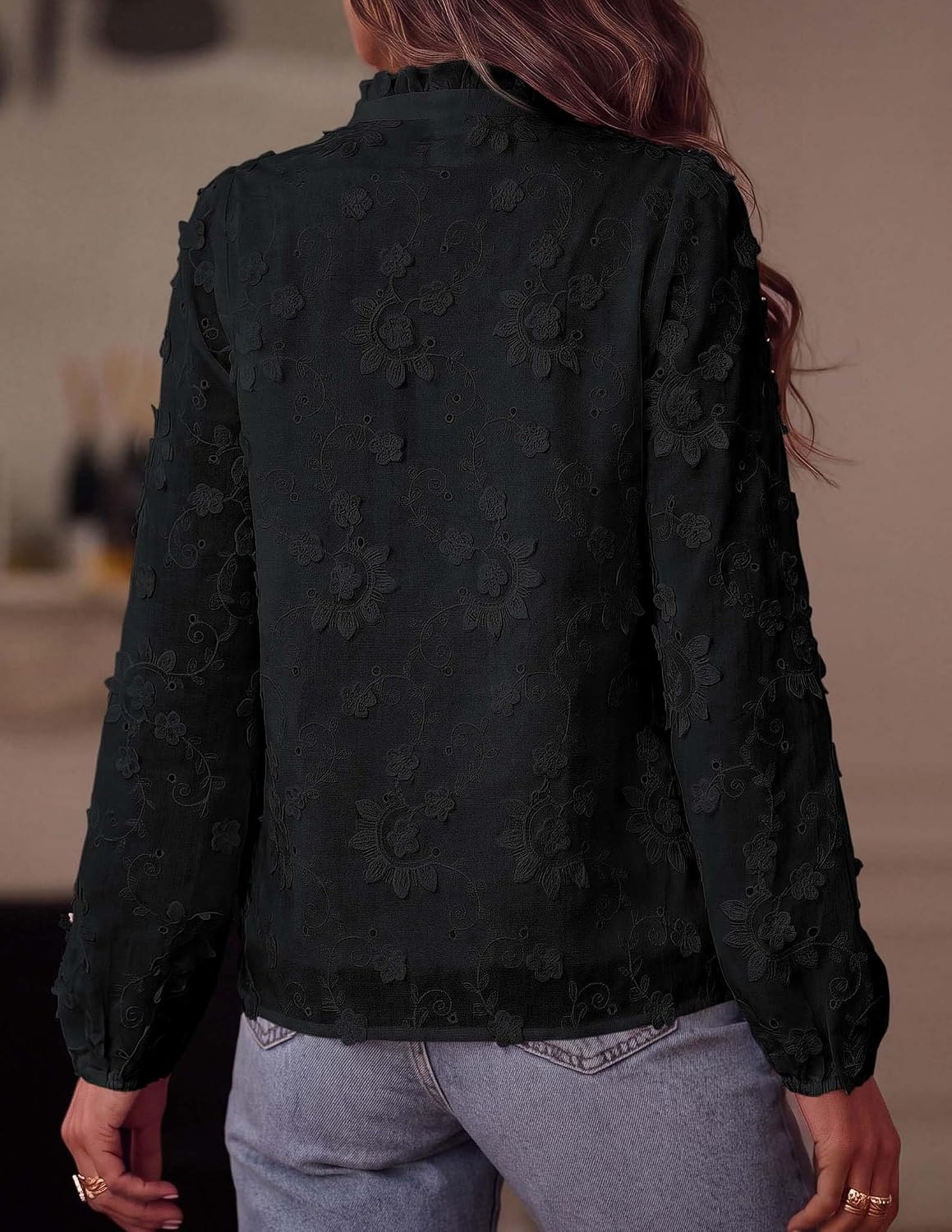image:imagePRETTYGARDEN Womens Floral Embroidered Button Down Shirts Ladies Dressy Fall Blouses Long Sleeves Ruffle Neck Elegant Boho Eyelet Tops for Work Business amp Spring Casual OutingsBlack