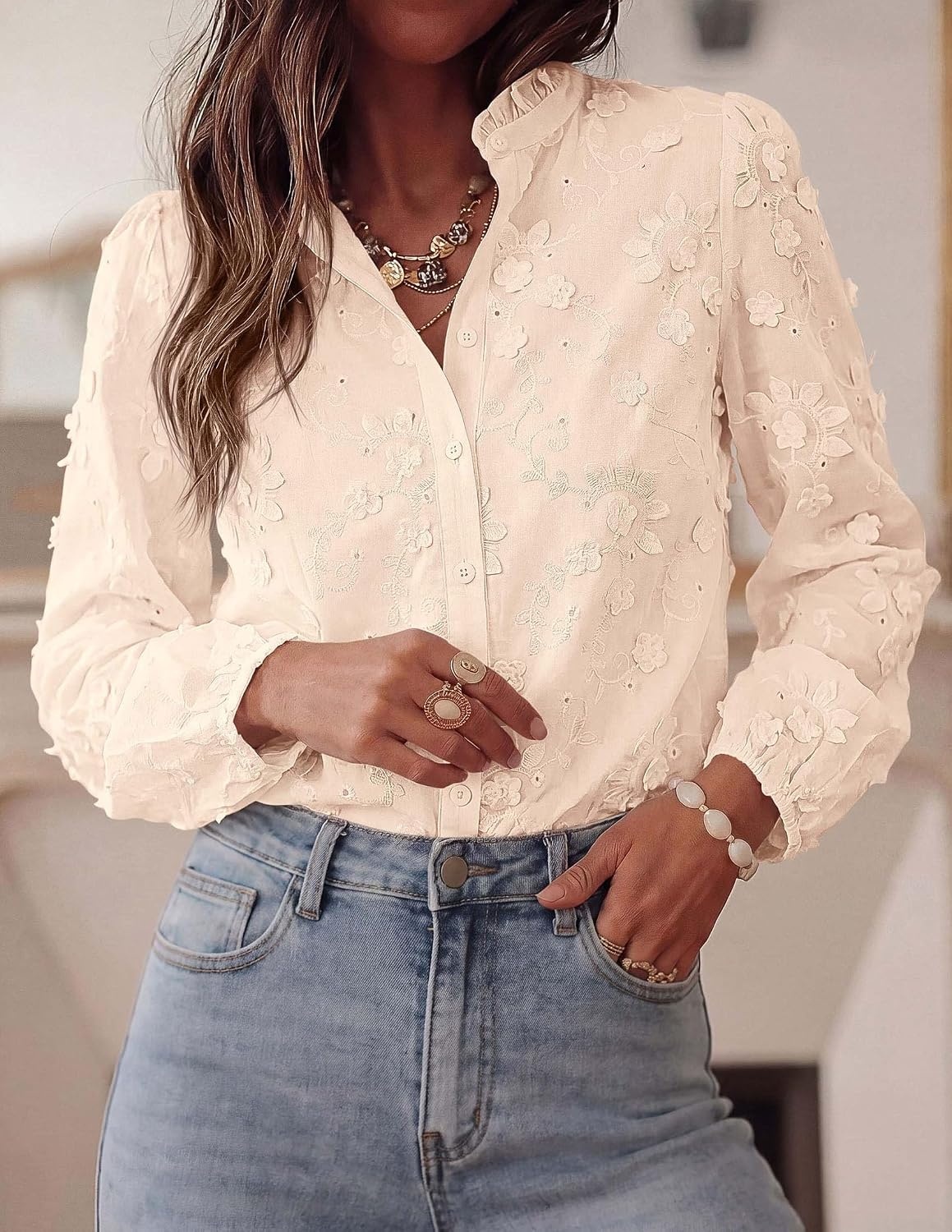image:imagePRETTYGARDEN Womens Floral Embroidered Button Down Shirts Ladies Dressy Fall Blouses Long Sleeves Ruffle Neck Elegant Boho Eyelet Tops for Work Business amp Spring Casual OutingsBeige