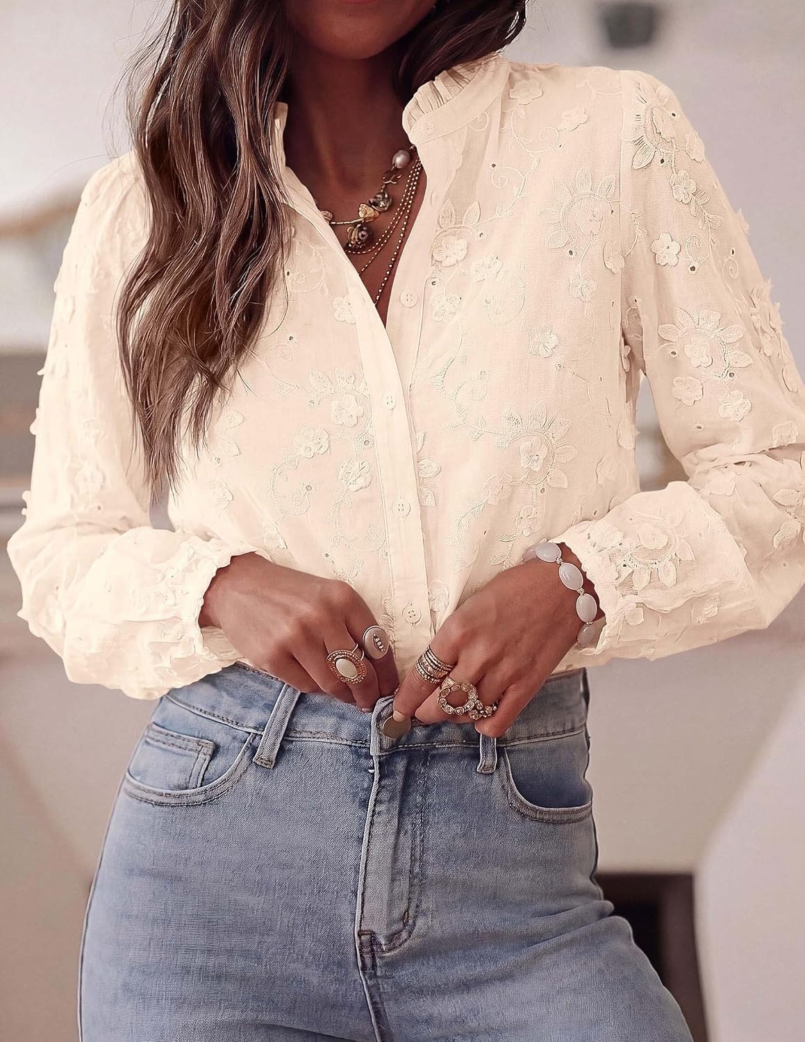 image:imagePRETTYGARDEN Womens Floral Embroidered Button Down Shirts Ladies Dressy Fall Blouses Long Sleeves Ruffle Neck Elegant Boho Eyelet Tops for Work Business amp Spring Casual OutingsBeige