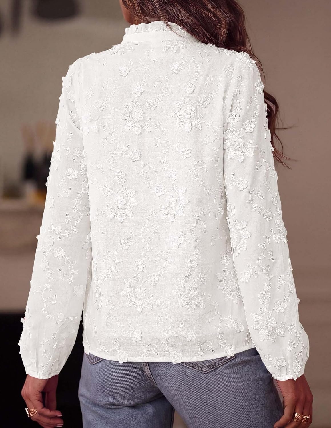 image:imagePRETTYGARDEN Womens Floral Embroidered Button Down Shirts Ladies Dressy Fall Blouses Long Sleeves Ruffle Neck Elegant Boho Eyelet Tops for Work Business amp Spring Casual OutingsWhite
