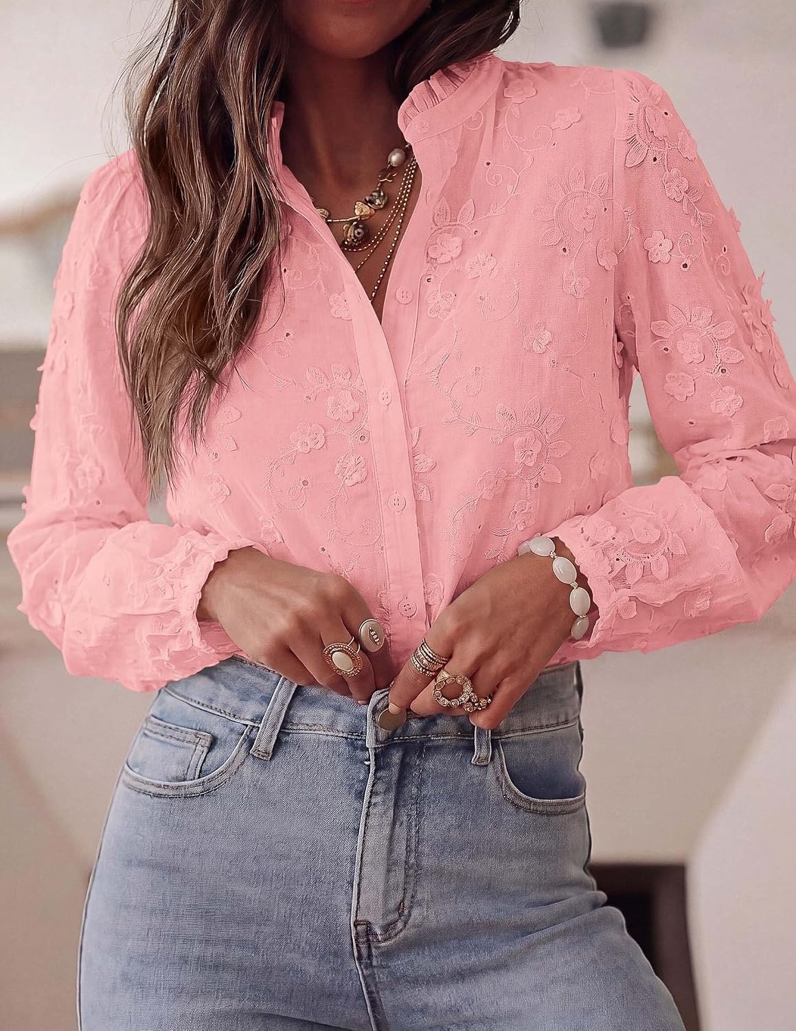 image:imagePRETTYGARDEN Womens Floral Embroidered Button Down Shirts Ladies Dressy Fall Blouses Long Sleeves Ruffle Neck Elegant Boho Eyelet Tops for Work Business amp Spring Casual OutingsPink