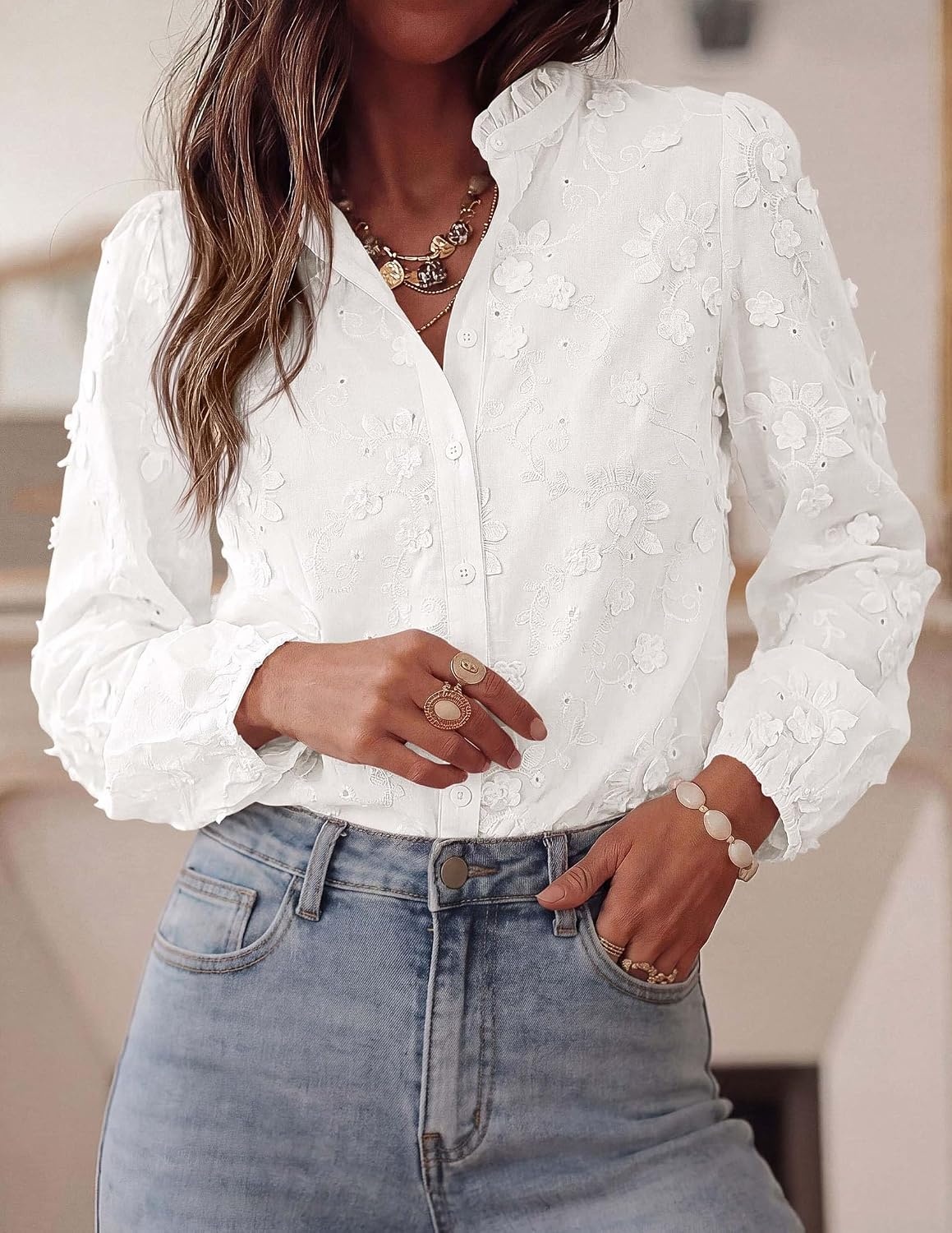 image:imagePRETTYGARDEN Womens Floral Embroidered Button Down Shirts Ladies Dressy Fall Blouses Long Sleeves Ruffle Neck Elegant Boho Eyelet Tops for Work Business amp Spring Casual OutingsWhite