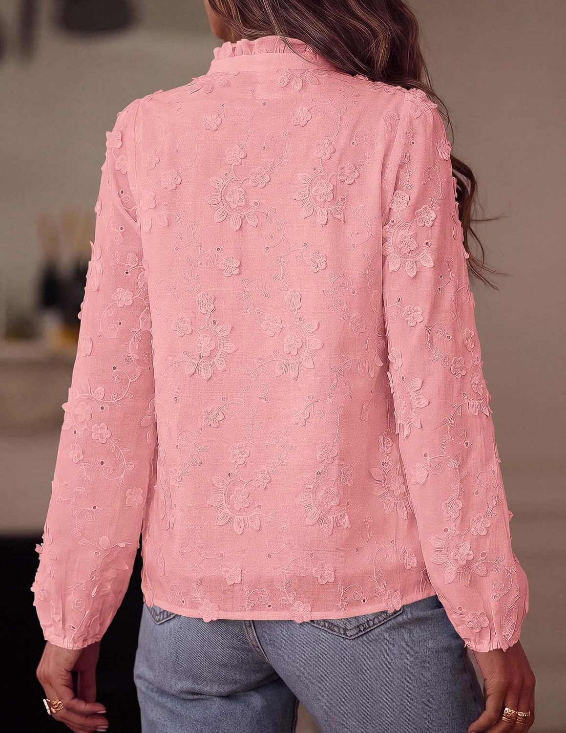 image:imagePRETTYGARDEN Womens Floral Embroidered Button Down Shirts Ladies Dressy Fall Blouses Long Sleeves Ruffle Neck Elegant Boho Eyelet Tops for Work Business amp Spring Casual OutingsPink