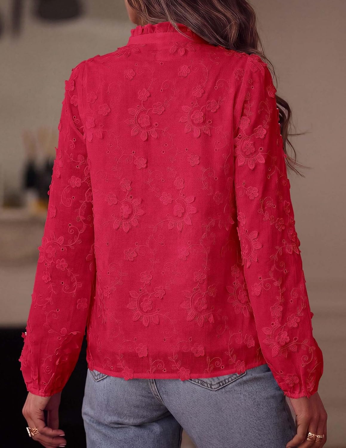 image:imagePRETTYGARDEN Womens Floral Embroidered Button Down Shirts Ladies Dressy Fall Blouses Long Sleeves Ruffle Neck Elegant Boho Eyelet Tops for Work Business amp Spring Casual OutingsRed