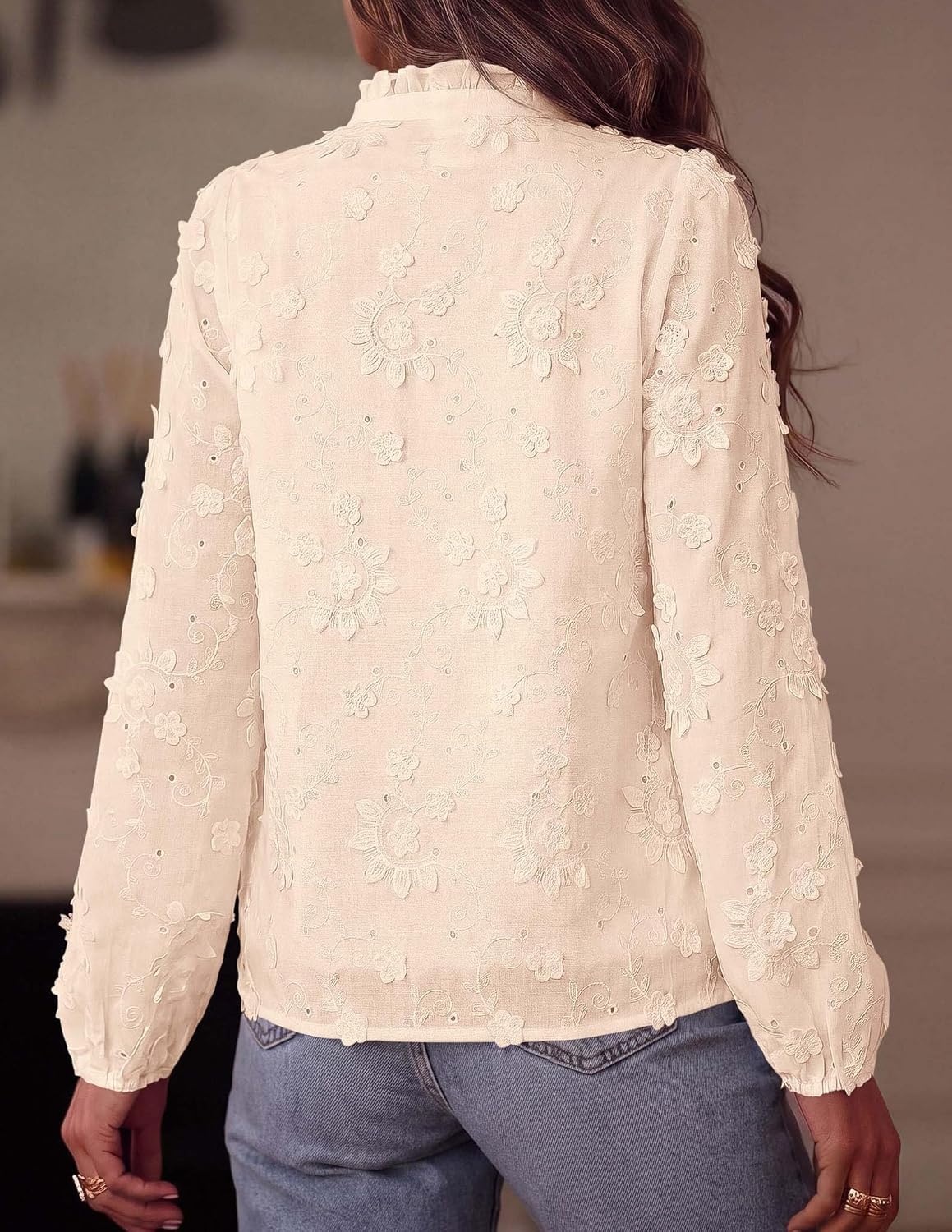 image:imagePRETTYGARDEN Womens Floral Embroidered Button Down Shirts Ladies Dressy Fall Blouses Long Sleeves Ruffle Neck Elegant Boho Eyelet Tops for Work Business amp Spring Casual OutingsBeige