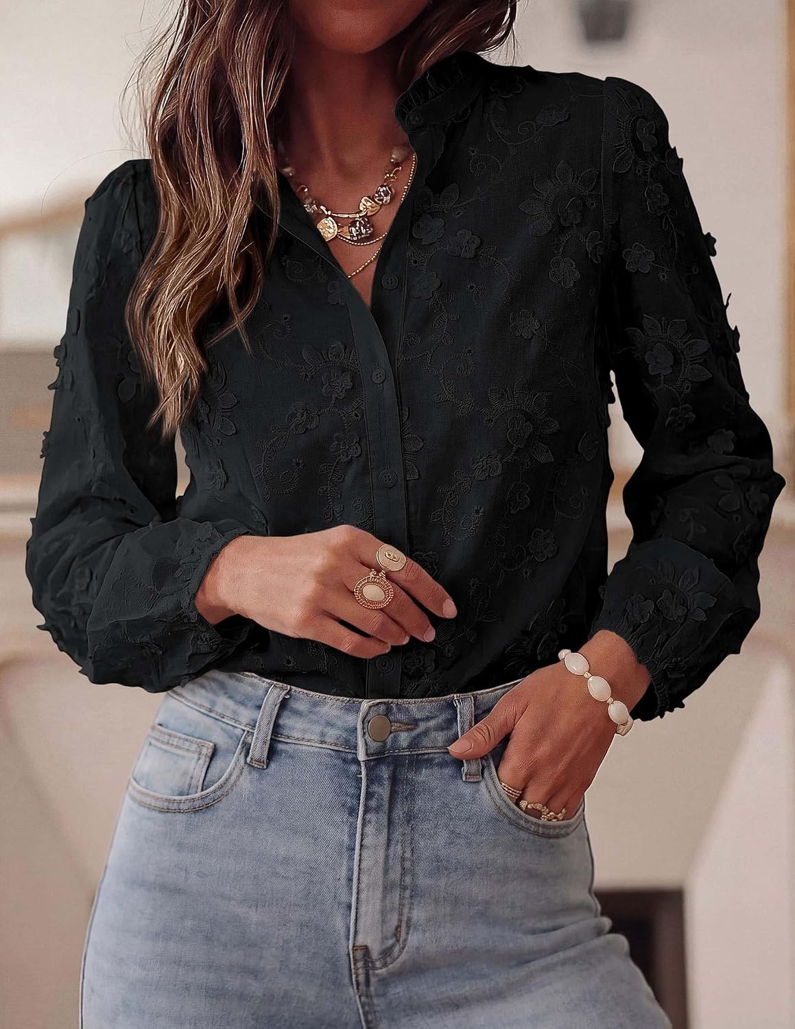 image:imagePRETTYGARDEN Womens Floral Embroidered Button Down Shirts Ladies Dressy Fall Blouses Long Sleeves Ruffle Neck Elegant Boho Eyelet Tops for Work Business amp Spring Casual OutingsBlack