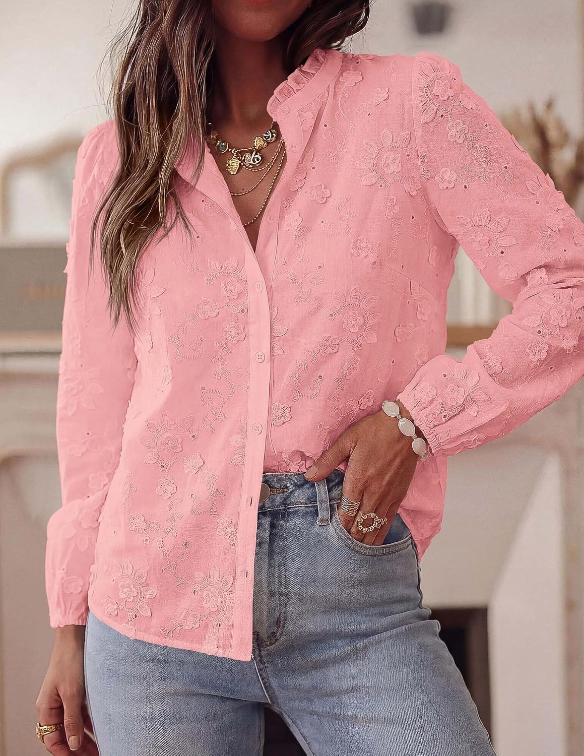 image:imagePRETTYGARDEN Womens Floral Embroidered Button Down Shirts Ladies Dressy Fall Blouses Long Sleeves Ruffle Neck Elegant Boho Eyelet Tops for Work Business amp Spring Casual OutingsPink