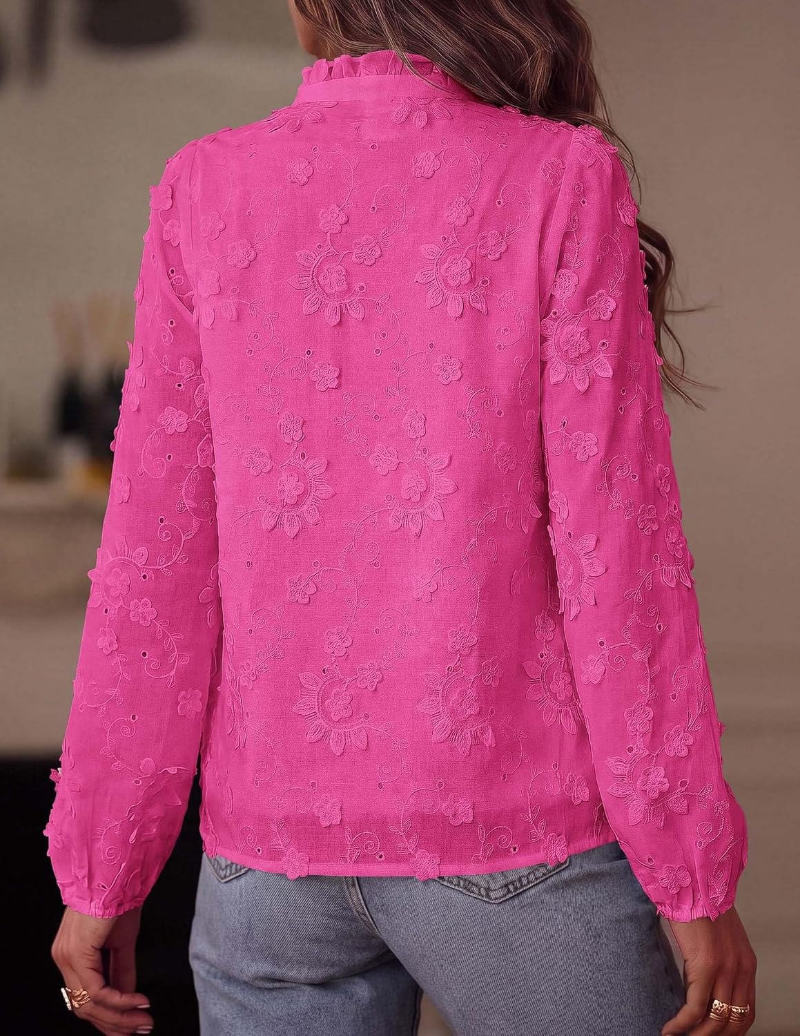 image:imagePRETTYGARDEN Womens Floral Embroidered Button Down Shirts Ladies Dressy Fall Blouses Long Sleeves Ruffle Neck Elegant Boho Eyelet Tops for Work Business amp Spring Casual OutingsRose Red