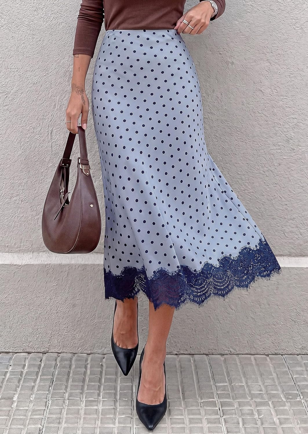 image:imagePRETTYGARDEN Womens Flowy Satin Midi A Line Skirt Dressy Lace Trim Elastic High Waisted Fall Fashion Bottoms Elegant Outfits for Wedding Guest Cocktail Party amp Date NightDot Blue Black