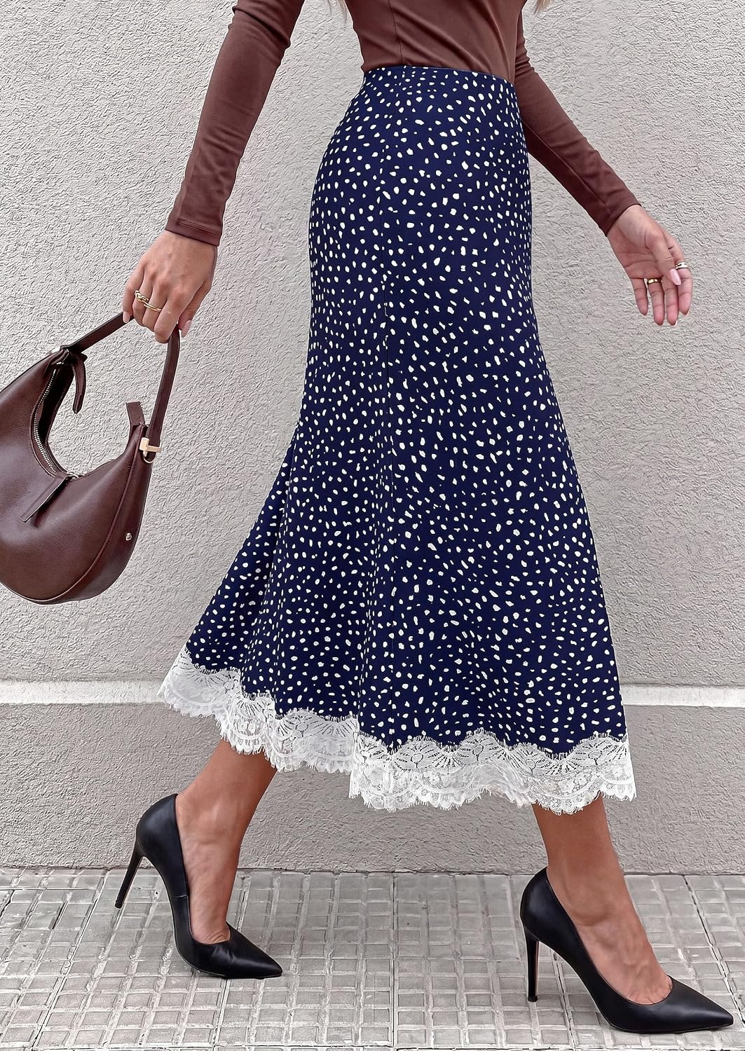 image:imagePRETTYGARDEN Womens Flowy Satin Midi A Line Skirt Dressy Lace Trim Elastic High Waisted Fall Fashion Bottoms Elegant Outfits for Wedding Guest Cocktail Party amp Date NightDot Navy Blue White