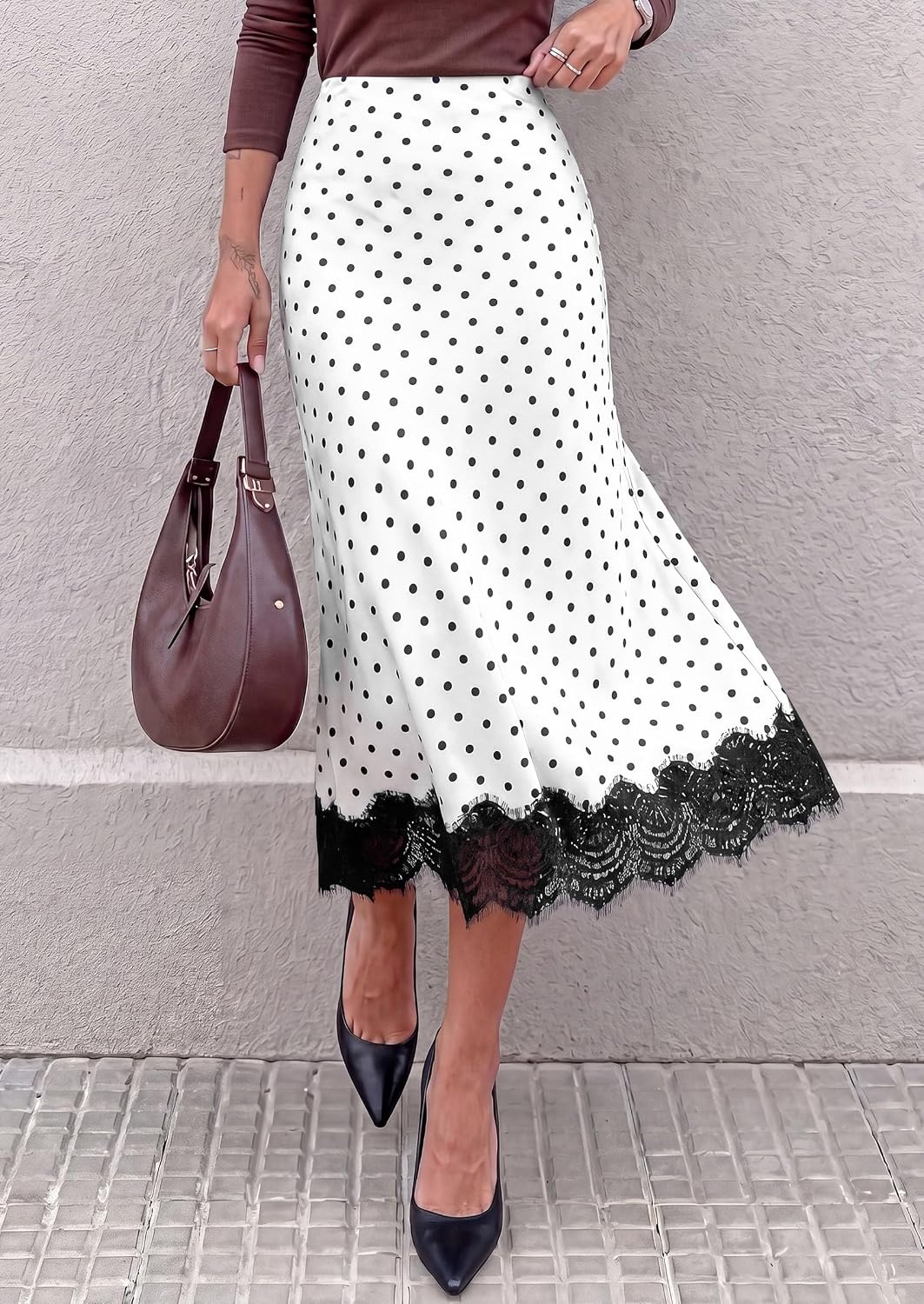 image:imagePRETTYGARDEN Womens Flowy Satin Midi A Line Skirt Dressy Lace Trim Elastic High Waisted Fall Fashion Bottoms Elegant Outfits for Wedding Guest Cocktail Party amp Date NightPolka Dot White