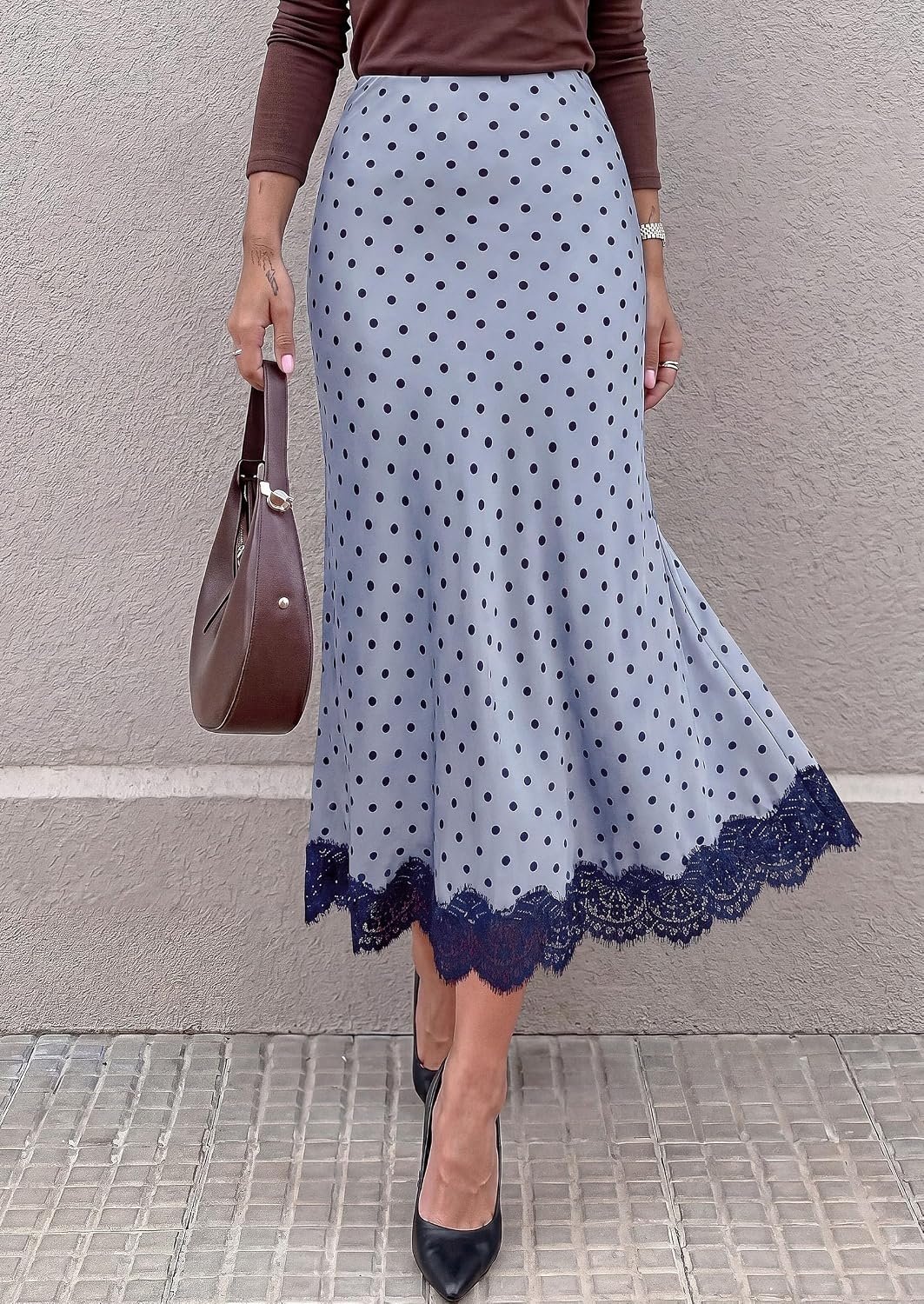 image:imagePRETTYGARDEN Womens Flowy Satin Midi A Line Skirt Dressy Lace Trim Elastic High Waisted Fall Fashion Bottoms Elegant Outfits for Wedding Guest Cocktail Party amp Date NightDot Blue Black