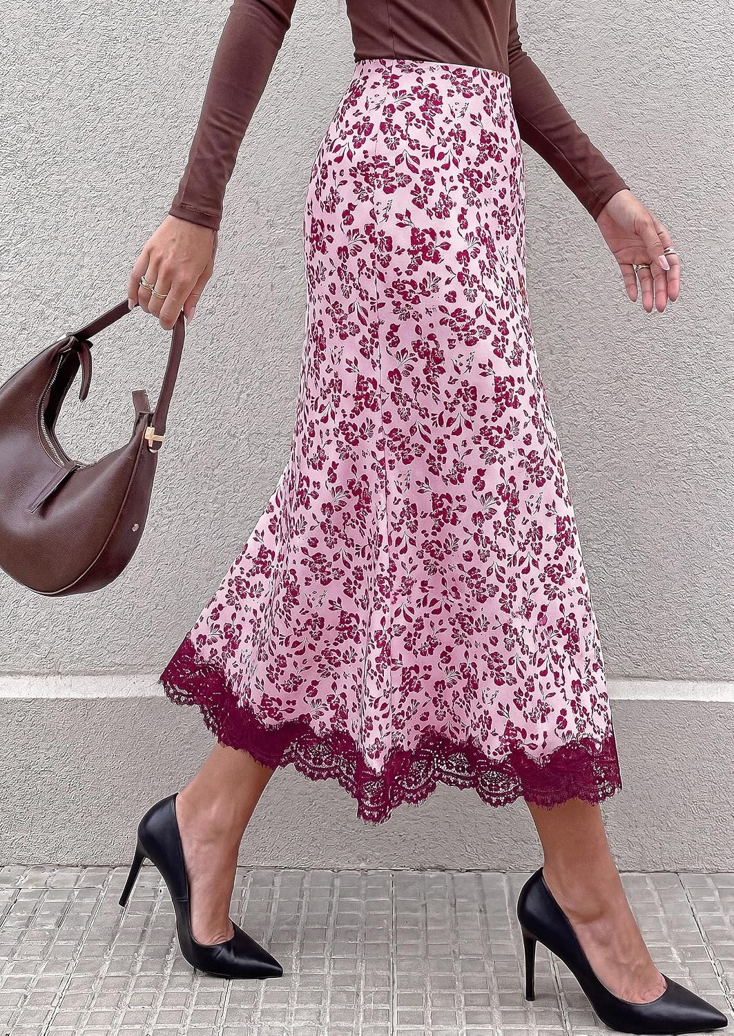 image:imagePRETTYGARDEN Womens Flowy Satin Midi A Line Skirt Dressy Lace Trim Elastic High Waisted Fall Fashion Bottoms Elegant Outfits for Wedding Guest Cocktail Party amp Date NightFloral Pink Rose Red