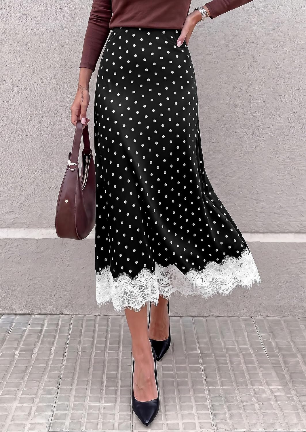 image:imagePRETTYGARDEN Womens Flowy Satin Midi A Line Skirt Dressy Lace Trim Elastic High Waisted Fall Fashion Bottoms Elegant Outfits for Wedding Guest Cocktail Party amp Date NightPolka Dot Black