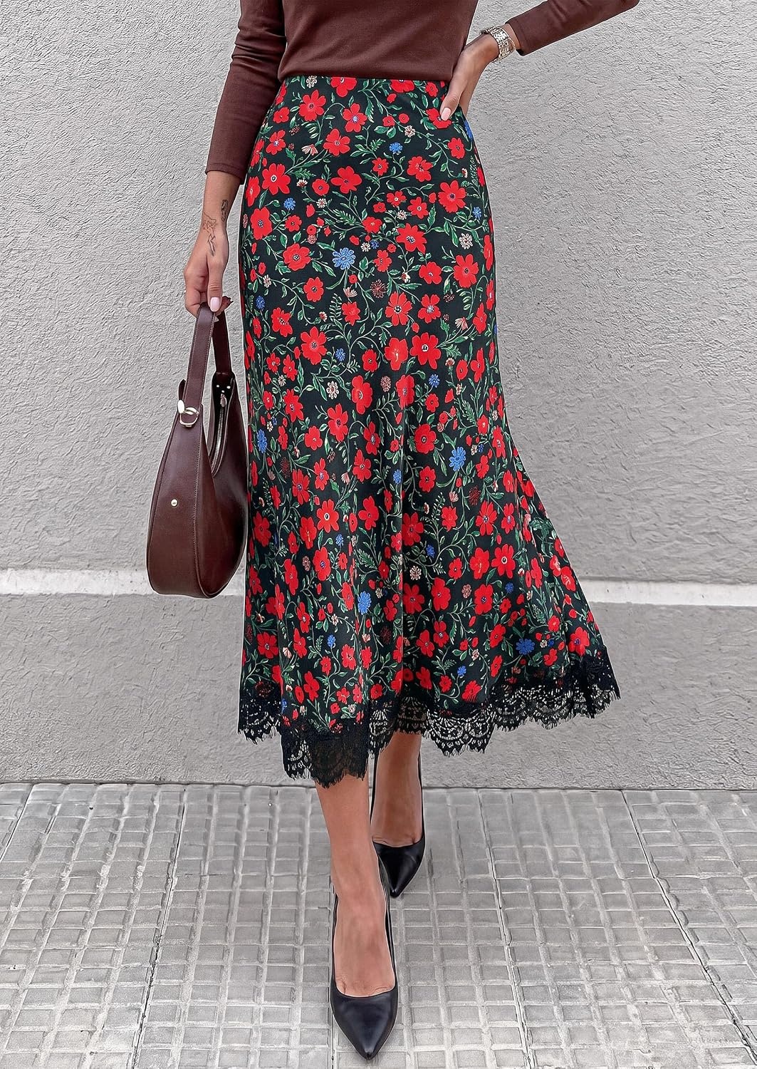 image:imagePRETTYGARDEN Womens Flowy Satin Midi A Line Skirt Dressy Lace Trim Elastic High Waisted Fall Fashion Bottoms Elegant Outfits for Wedding Guest Cocktail Party amp Date NightFloral Green Red