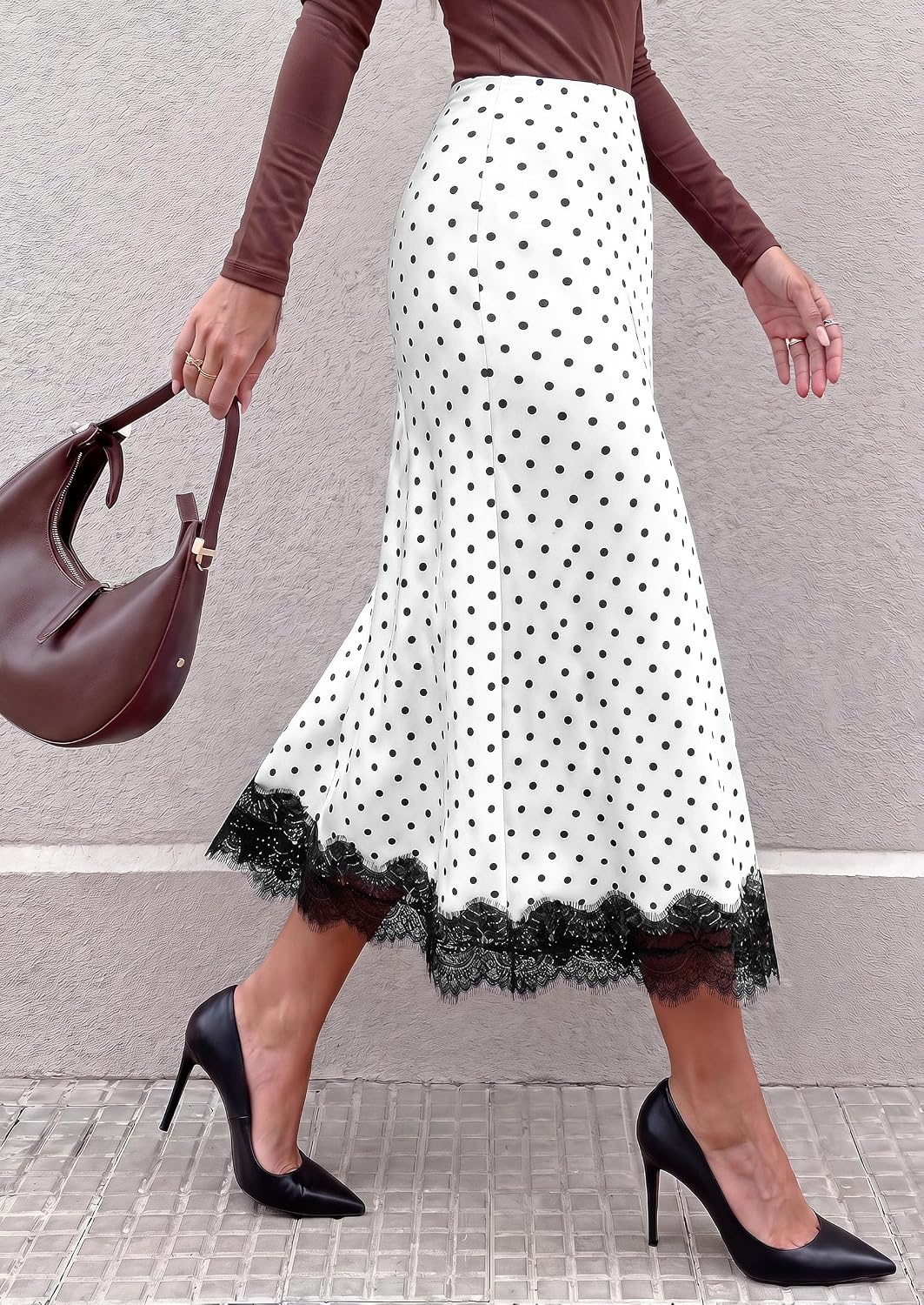 image:imagePRETTYGARDEN Womens Flowy Satin Midi A Line Skirt Dressy Lace Trim Elastic High Waisted Fall Fashion Bottoms Elegant Outfits for Wedding Guest Cocktail Party amp Date NightPolka Dot White