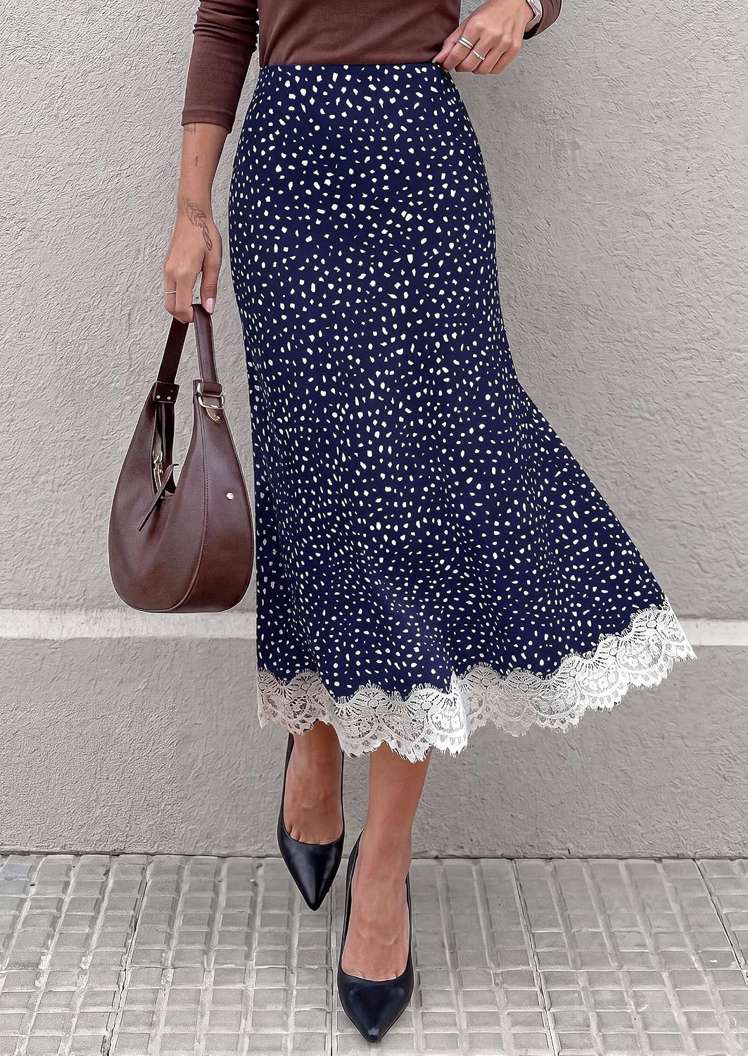 image:imagePRETTYGARDEN Womens Flowy Satin Midi A Line Skirt Dressy Lace Trim Elastic High Waisted Fall Fashion Bottoms Elegant Outfits for Wedding Guest Cocktail Party amp Date NightDot Navy Blue White