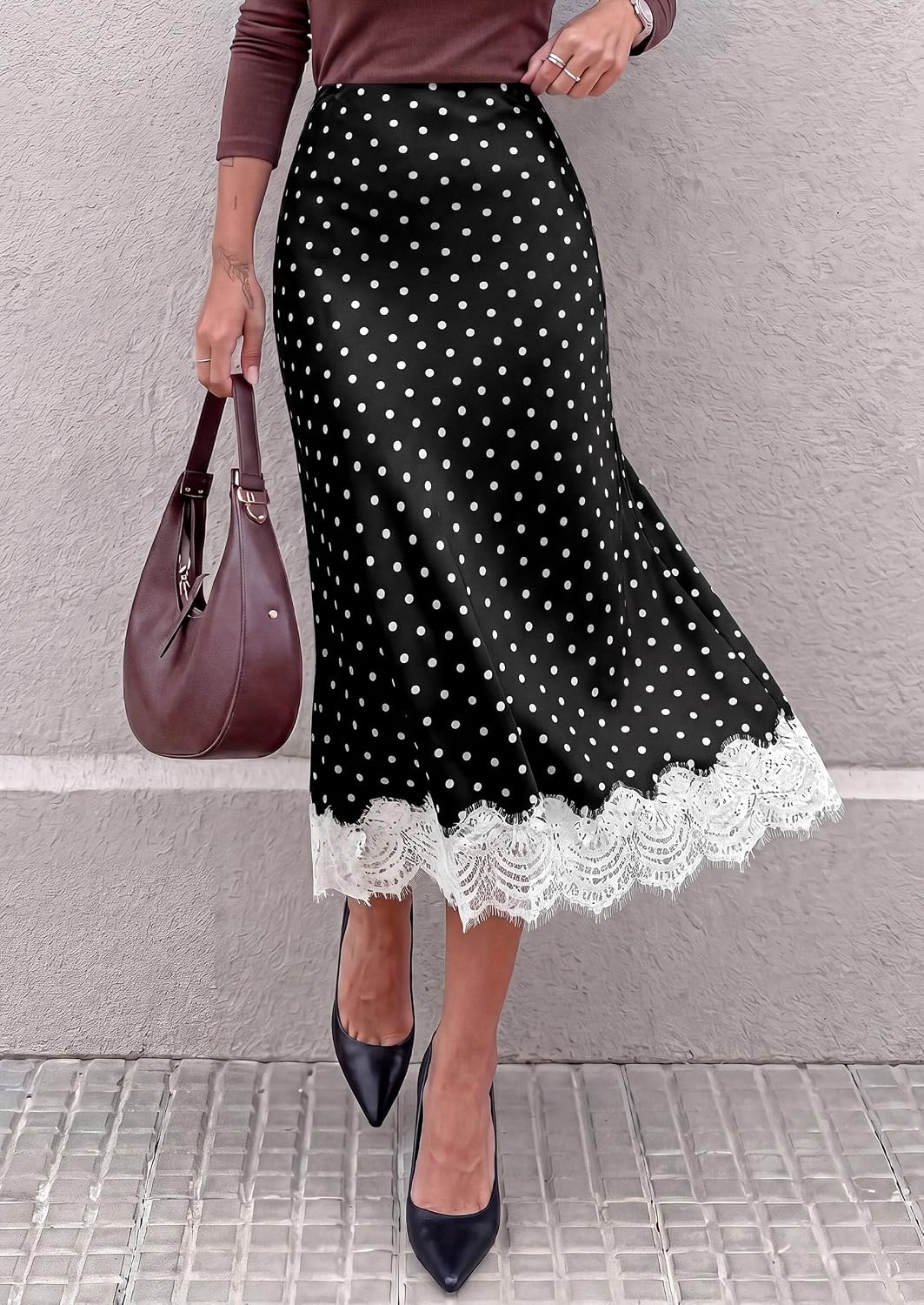 image:imagePRETTYGARDEN Womens Flowy Satin Midi A Line Skirt Dressy Lace Trim Elastic High Waisted Fall Fashion Bottoms Elegant Outfits for Wedding Guest Cocktail Party amp Date NightPolka Dot Black