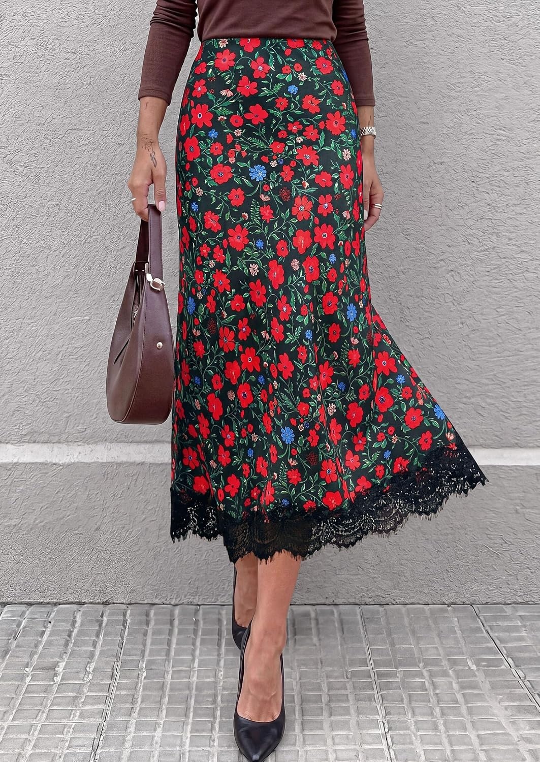 image:imagePRETTYGARDEN Womens Flowy Satin Midi A Line Skirt Dressy Lace Trim Elastic High Waisted Fall Fashion Bottoms Elegant Outfits for Wedding Guest Cocktail Party amp Date NightFloral Green Red