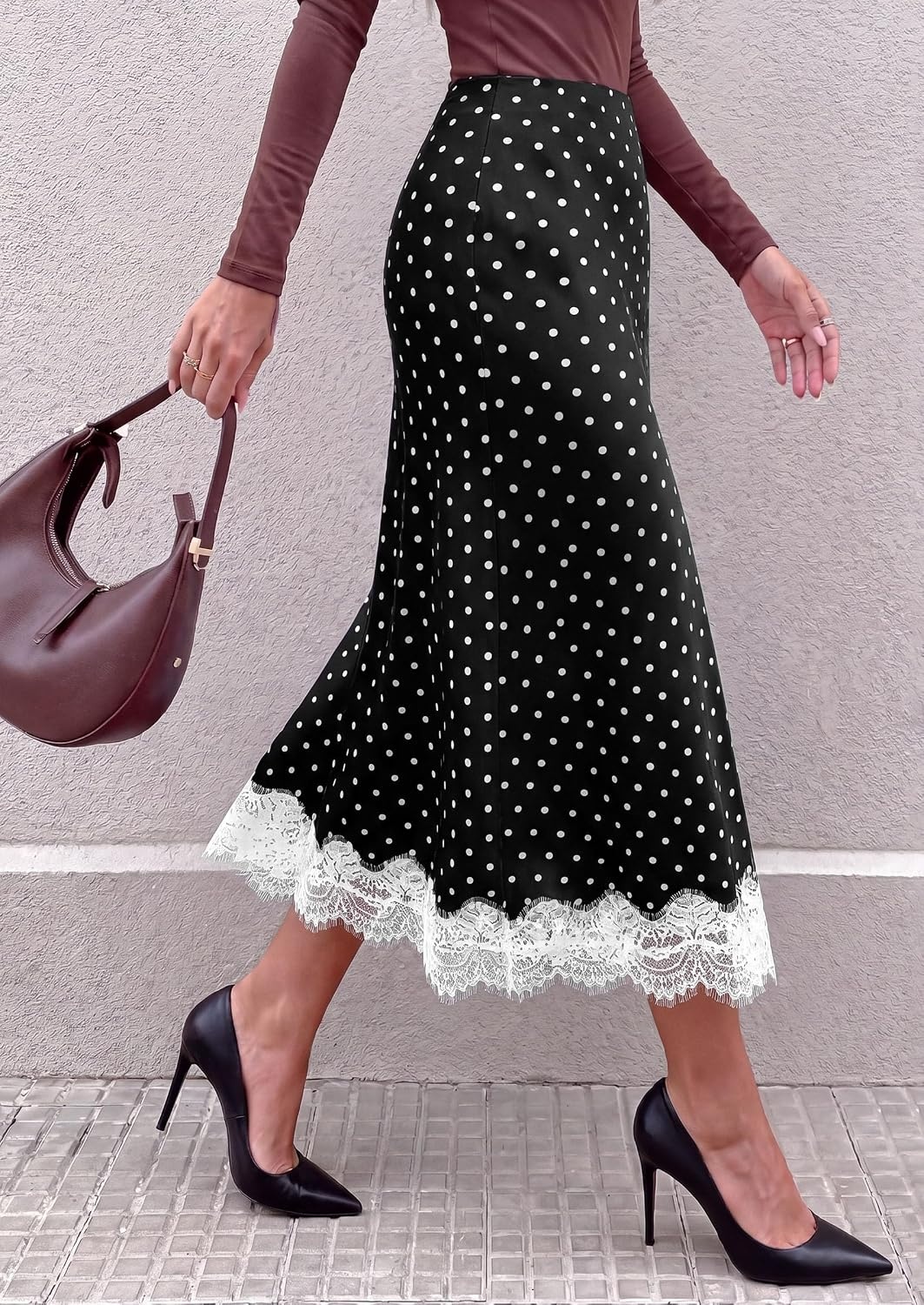 image:imagePRETTYGARDEN Womens Flowy Satin Midi A Line Skirt Dressy Lace Trim Elastic High Waisted Fall Fashion Bottoms Elegant Outfits for Wedding Guest Cocktail Party amp Date NightPolka Dot Black