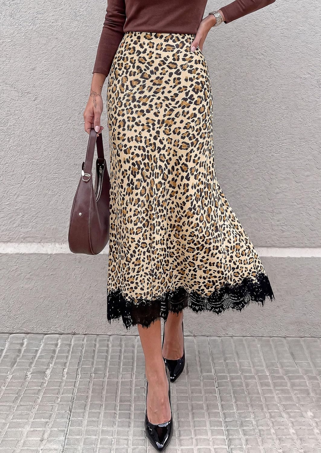 image:imagePRETTYGARDEN Womens Flowy Satin Midi A Line Skirt Dressy Lace Trim Elastic High Waisted Fall Fashion Bottoms Elegant Outfits for Wedding Guest Cocktail Party amp Date NightLeopard Apricot