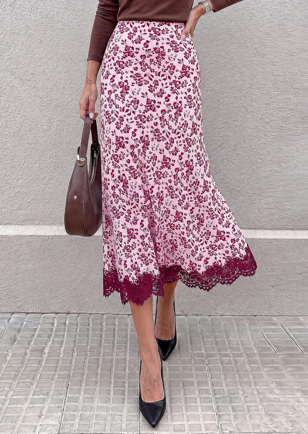 image:imagePRETTYGARDEN Womens Flowy Satin Midi A Line Skirt Dressy Lace Trim Elastic High Waisted Fall Fashion Bottoms Elegant Outfits for Wedding Guest Cocktail Party amp Date NightFloral Pink Rose Red