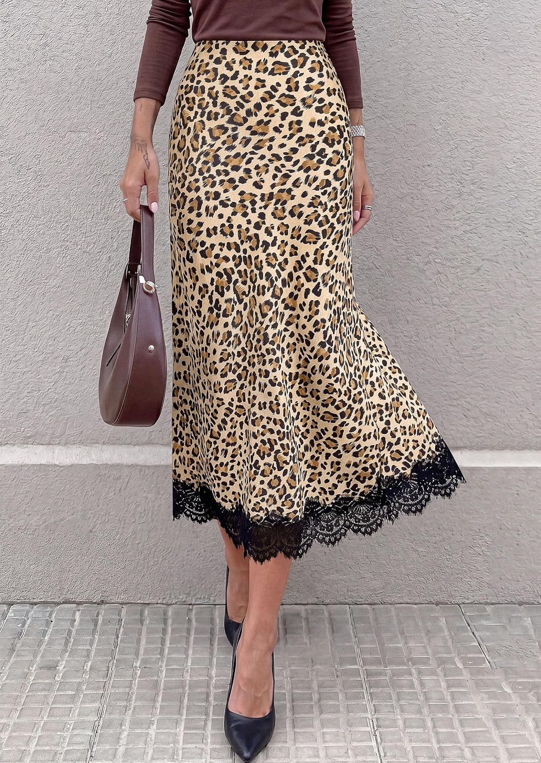image:imagePRETTYGARDEN Womens Flowy Satin Midi A Line Skirt Dressy Lace Trim Elastic High Waisted Fall Fashion Bottoms Elegant Outfits for Wedding Guest Cocktail Party amp Date NightLeopard Apricot