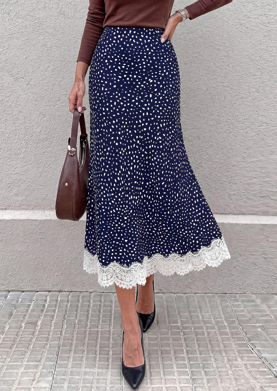 image:imagePRETTYGARDEN Womens Flowy Satin Midi A Line Skirt Dressy Lace Trim Elastic High Waisted Fall Fashion Bottoms Elegant Outfits for Wedding Guest Cocktail Party amp Date NightDot Navy Blue White